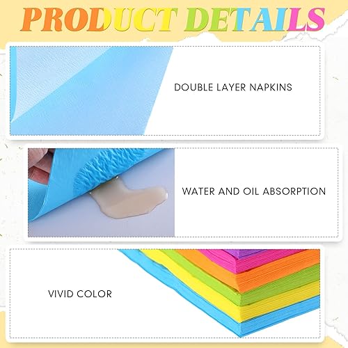 Miniatura 3 de Sherr 240 servilletas de almuerzo multicolores, desechables, suministros de fiesta de arco iris, servilletas de neón, servilletas de papel,