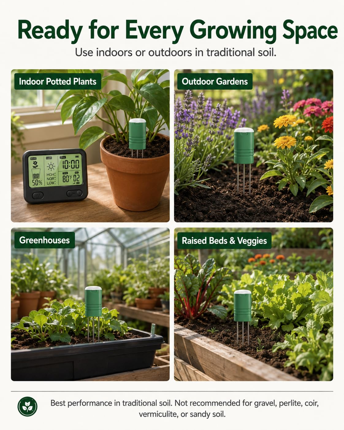 Pflanzenboden-Feuchtigkeitsmesser mit 70 m RF kabellos, wasserdicht und LCD-Display für Feuchtigkeit, Temperatur, Sonnenlicht, Zeit, ideal für Garten, Bauernhof, Rasenpflege im Freien (4-in-1