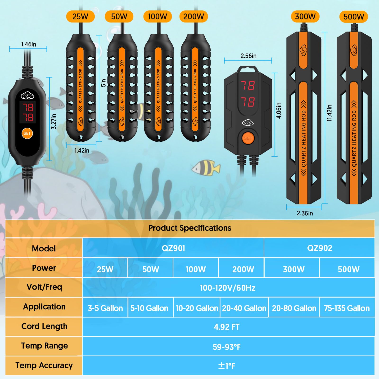 QZQ Riscaldatore per acquario, 500 W, riscaldatore per acquario, con regolatore di temperatura, lascia l'acqua che smette automaticamente di riscaldare, protezione dal surriscaldamento, riscaldatore