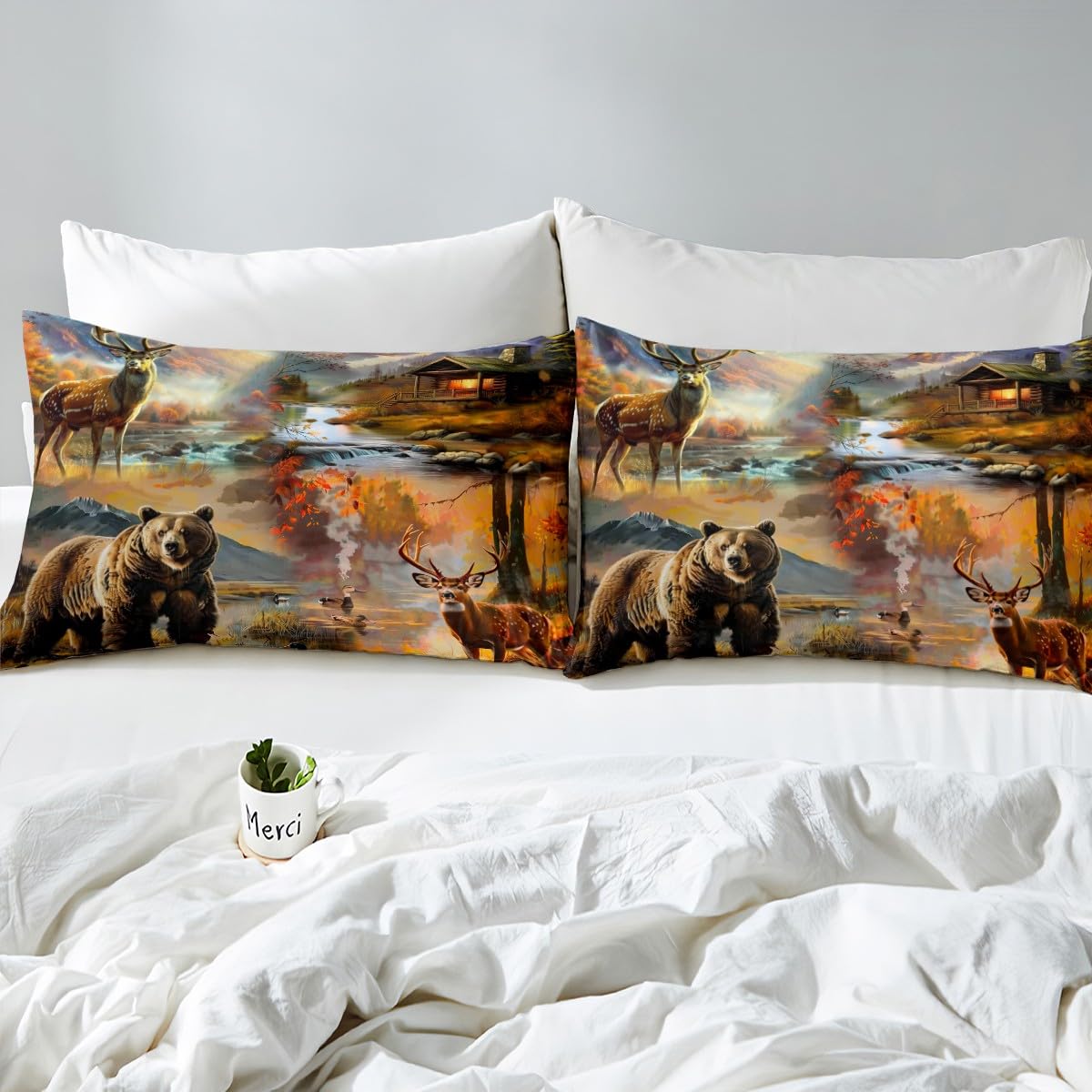 Homewish Juego de sábanas para cama de matrimonio con diseño de oso de ciervo, estilo rústico, cabaña para niños y niñas, juego de ropa de cama de animales del bosque, sábana bajera ajustable de 4