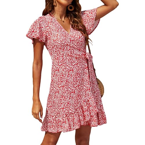 Naggoo Women's Summer Wrap V Neck Polka Dot Print Ruffle Short Sleeve Mini Floral Dress with Belt