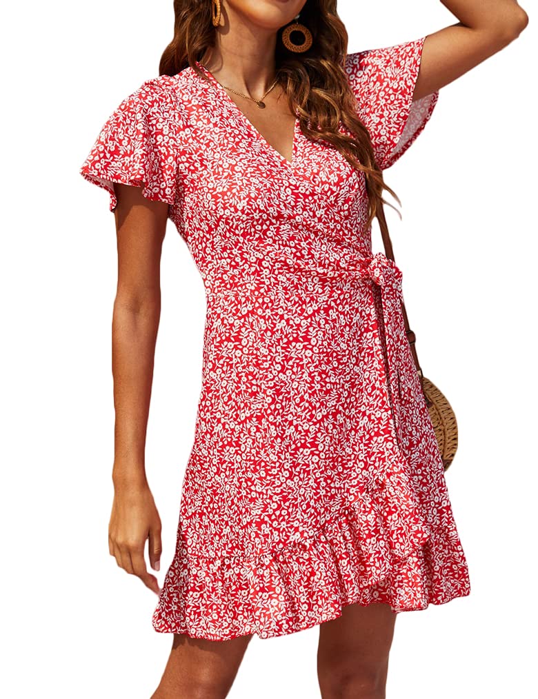NaggooWomen's Summer Wrap V Neck Polka Dot Print Ruffle Short Sleeve Mini Floral Dress with Belt