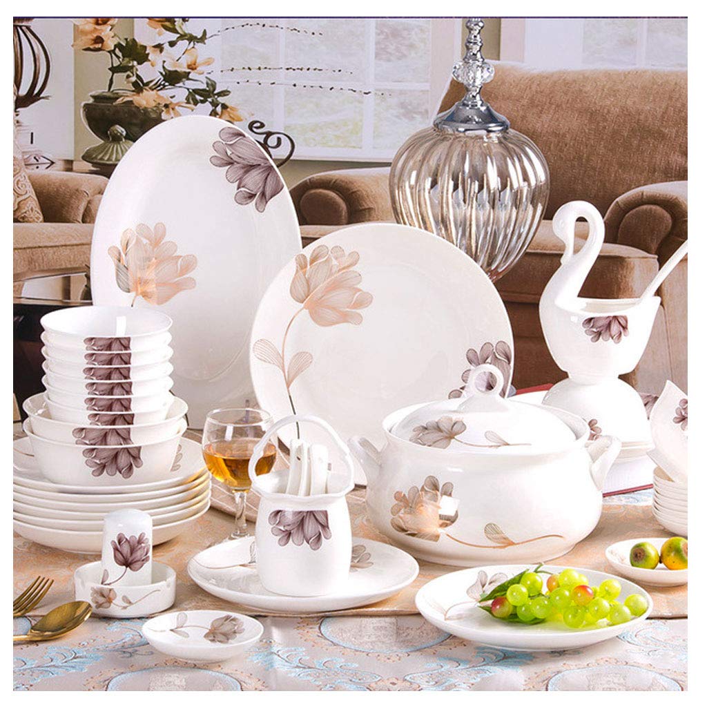 AMINSHAP 58-Piece Porcelain Dinner Set, Flower Pattern China Ceramic Cream White Dinner Combi-Set with Dessert Plate Soup Plate Dinner Plate Saucer Service for 10