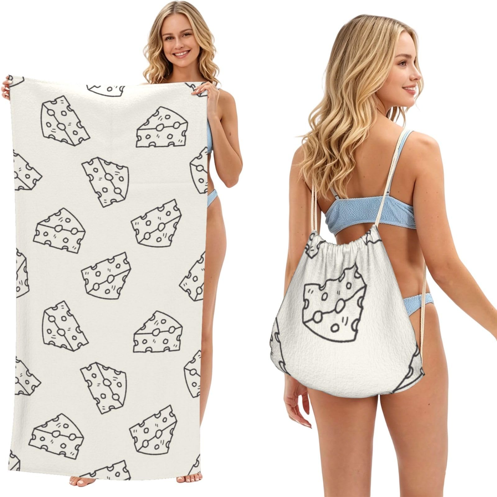Poadnly As Picture Cheese Doodle Pattern, 2 In 1 Packable Towel Bag, Beach Towels With Drawstring Backpack For Travel Holiday Camping