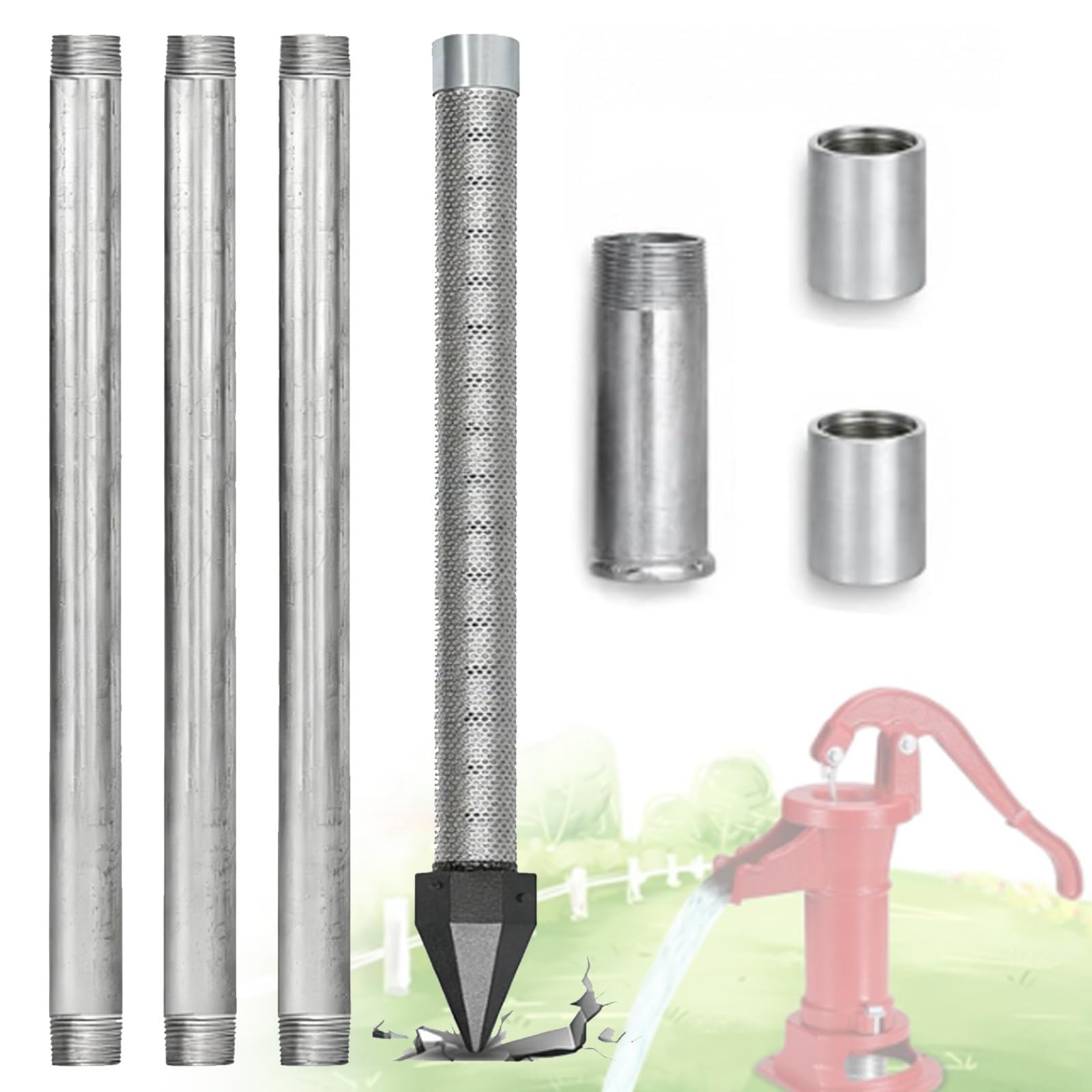 Well Drive Point Kit, 1-1/4 Stainless Steel Well Drive Point+3/5 39" Galvanized Well Pipes+ Pitcher Pump(Optional), Shallow Well Drilling Kit for Sand Point Well & Soft Soil Well 4M-NoWaterPump