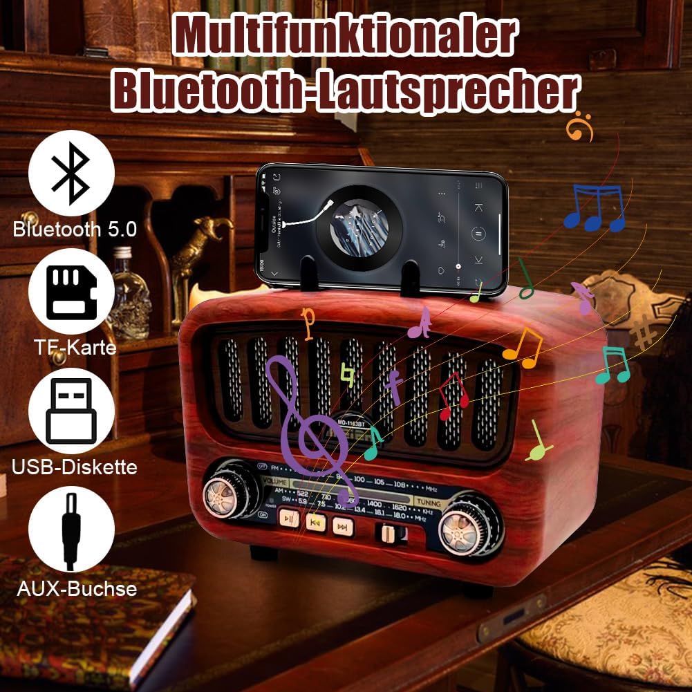 Retro Radio mit Bluetooth 5.0, AM/FM/SW Retro, Nostalgie Klein, Kofferradio Küchenradio mit großem 5-W-Lautsprecher, Unterstützt USB/TF/TWS Funktion, Einfaches Radio für Senioren
