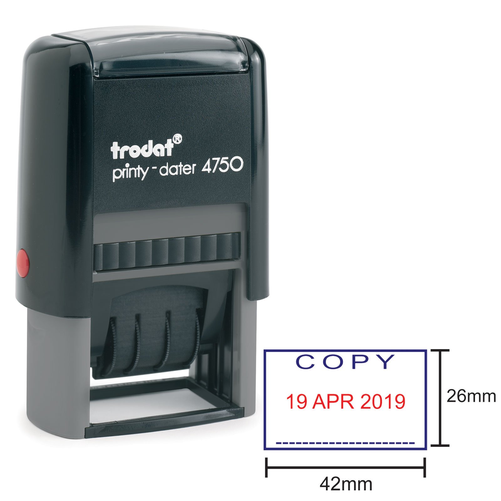 Trodat Eco Printy Stamp Self-Inking Word and Date Stamp - Copy - 40x24mm Red and Blue