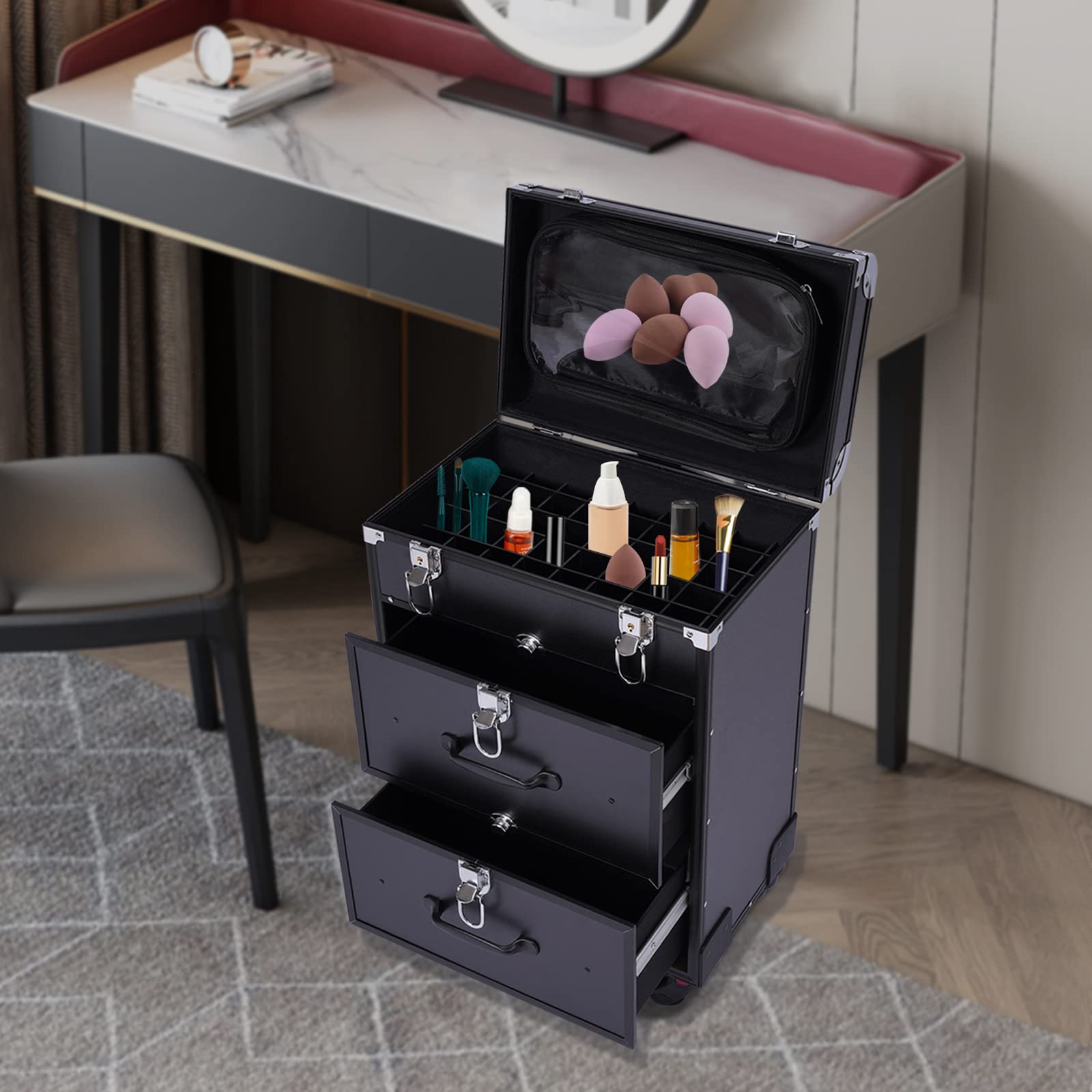 WUSILILU Rolling Makeup Case with Drawer, Large Cosmetic Trolley with Locks, Make up Bag with dividers, Cosmetics Storage Organizer for On The Go Makeup/Nail Art/Hair Styling (Black)