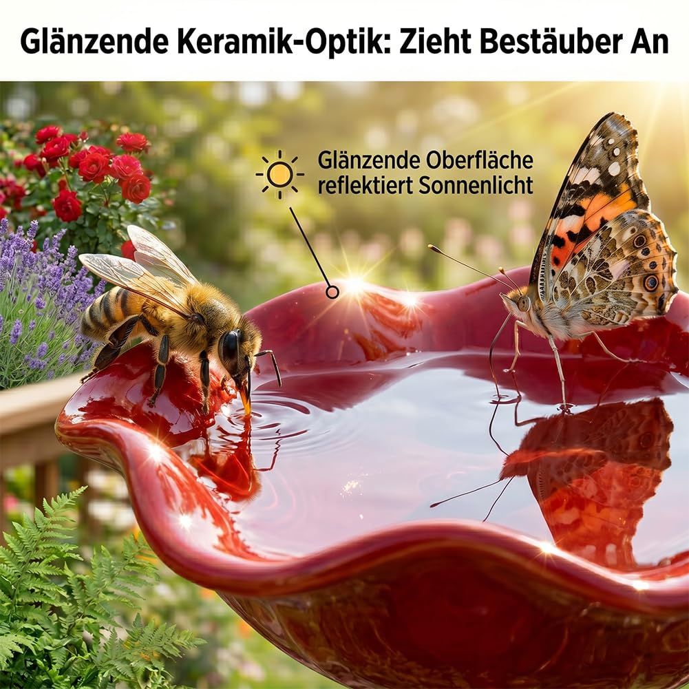 Bienentränke Keramik Blume & Vogeltränke Stehend - Gartendeko für Draußen Wetterfest, Insektentränke Garten für Wildvögel, Bienen & Schmetterlinge (Sechsteiliges Set)