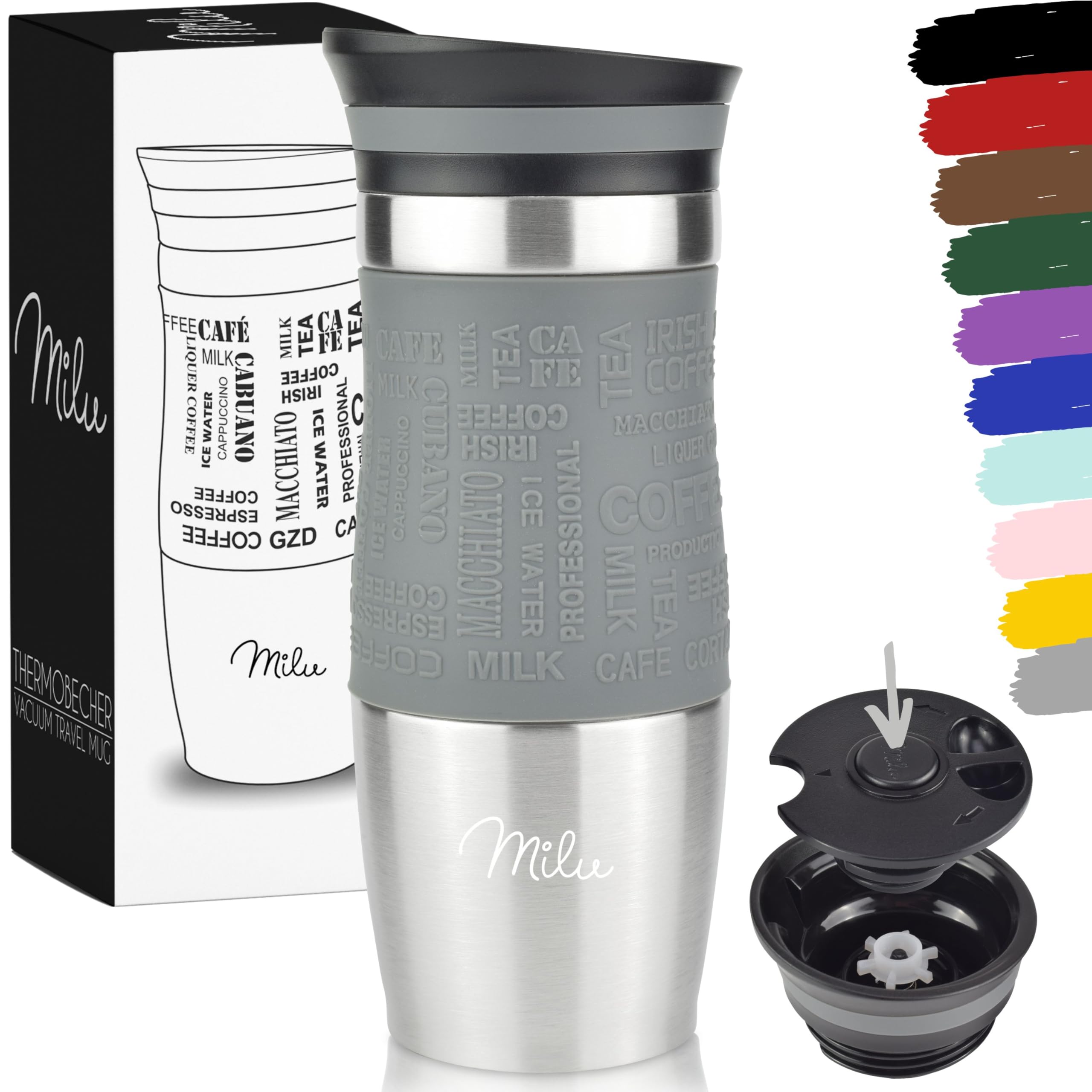 Taza aislante de café para llevar con sistema 100% a prueba de fugas en acero gris de 370ml
