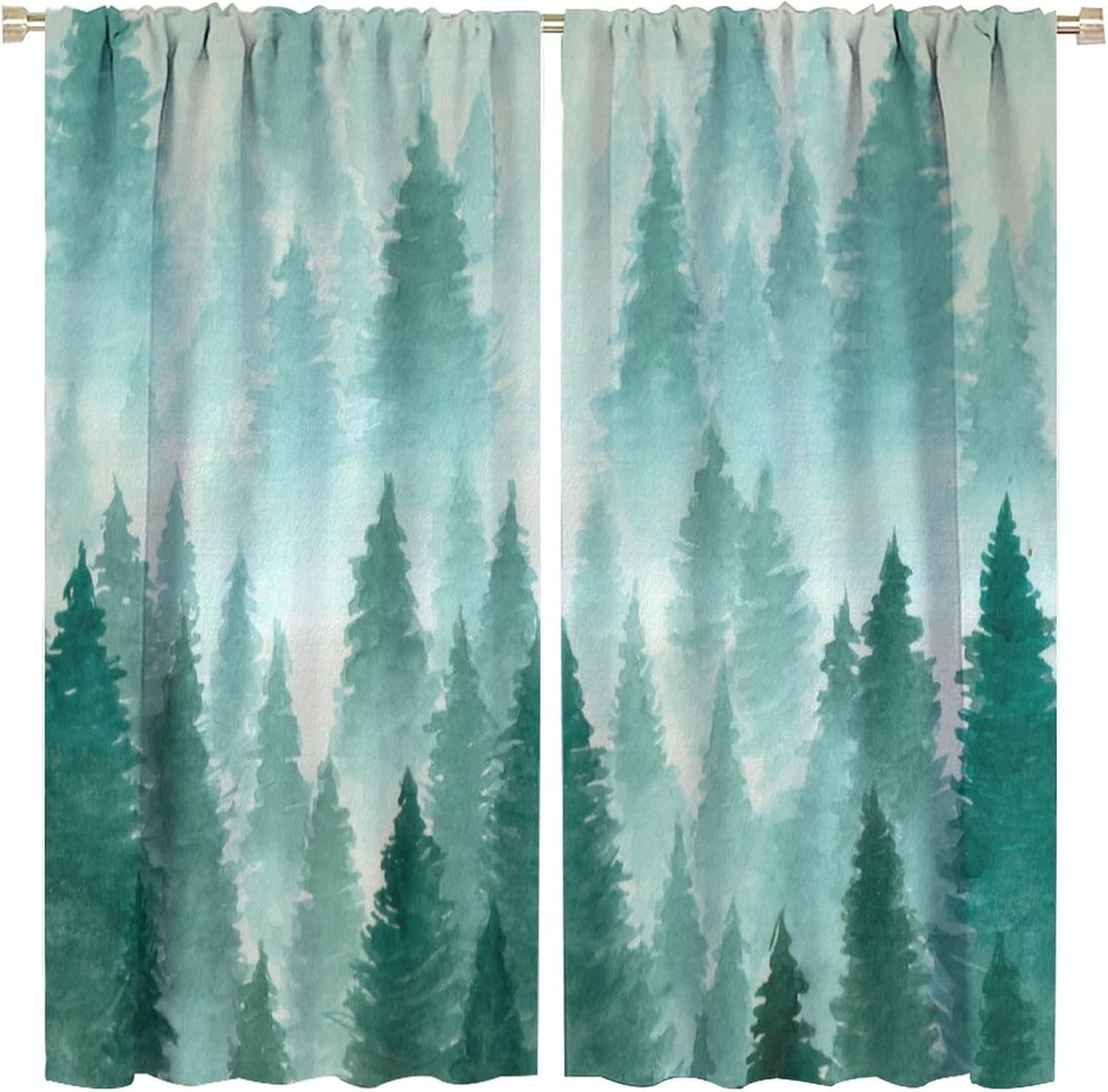 Rustic Scenery Curtains Green Forest Watercolor Trees Abstract Rod Pocket Blackout Window Drapes 2 Panels Set for Bedroom Living Room Decor 42x54in