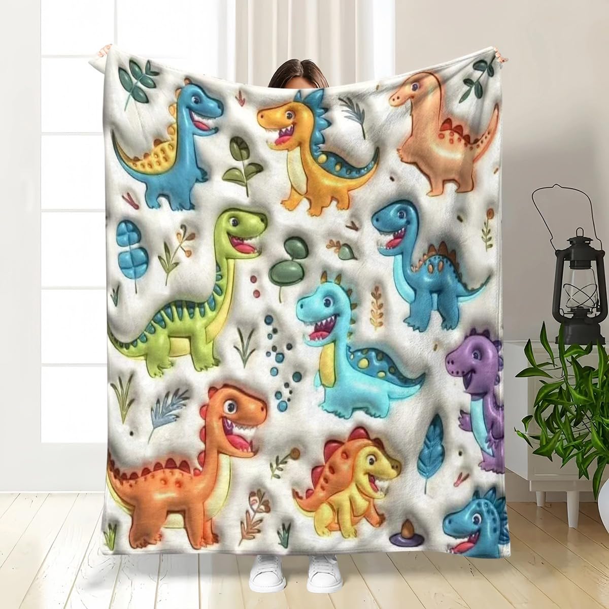 Manta grande de franela de felpa suave con estampado de dinosaurio colorido, manta cálida de gran tamaño para cama, sofá, viajes, noche de cine, 39 x 60 pulgadas
