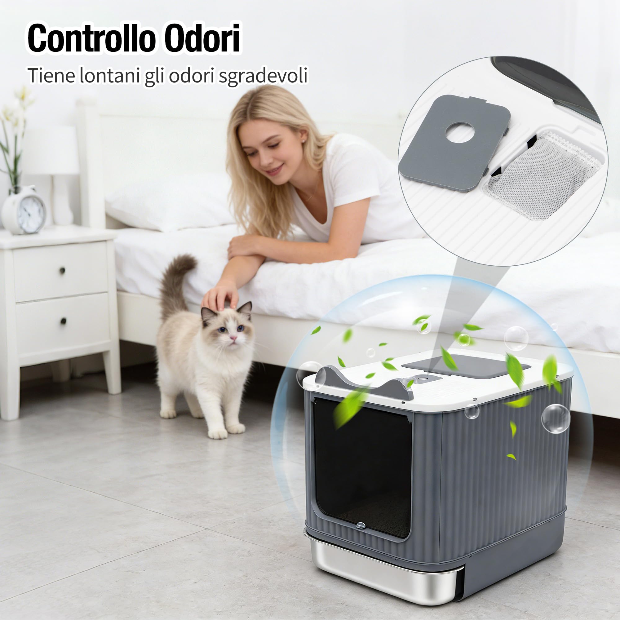 Lettiera per Gatti in Acciaio Inox, Lettiera Gatto Chiusa con Coperchio, Tappetino e Paletta, Lettiere in Metallo Rimovibile con Carbone Attivo - Resistente Agli Odori, Per Gatti Fino a 5,4 kg