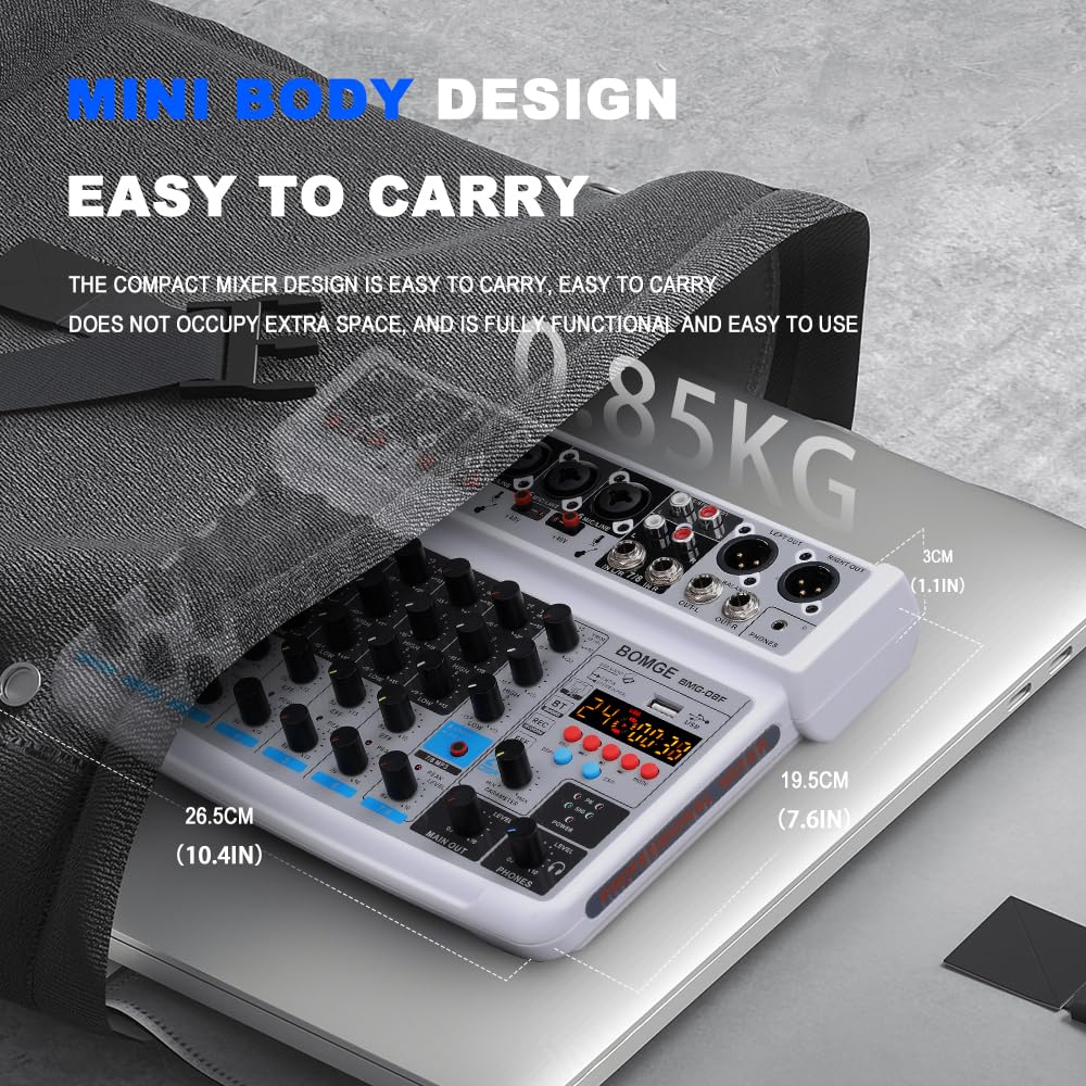 BOMGE 8 channel mini audio mixer Line Mixer ，DC 5V，with MP3 Player,Bluetooth, U disk 48V,24DSP effects, USB recording Ideal for Small Clubs or Bars, Studio Recording (8 channels-WHITE)