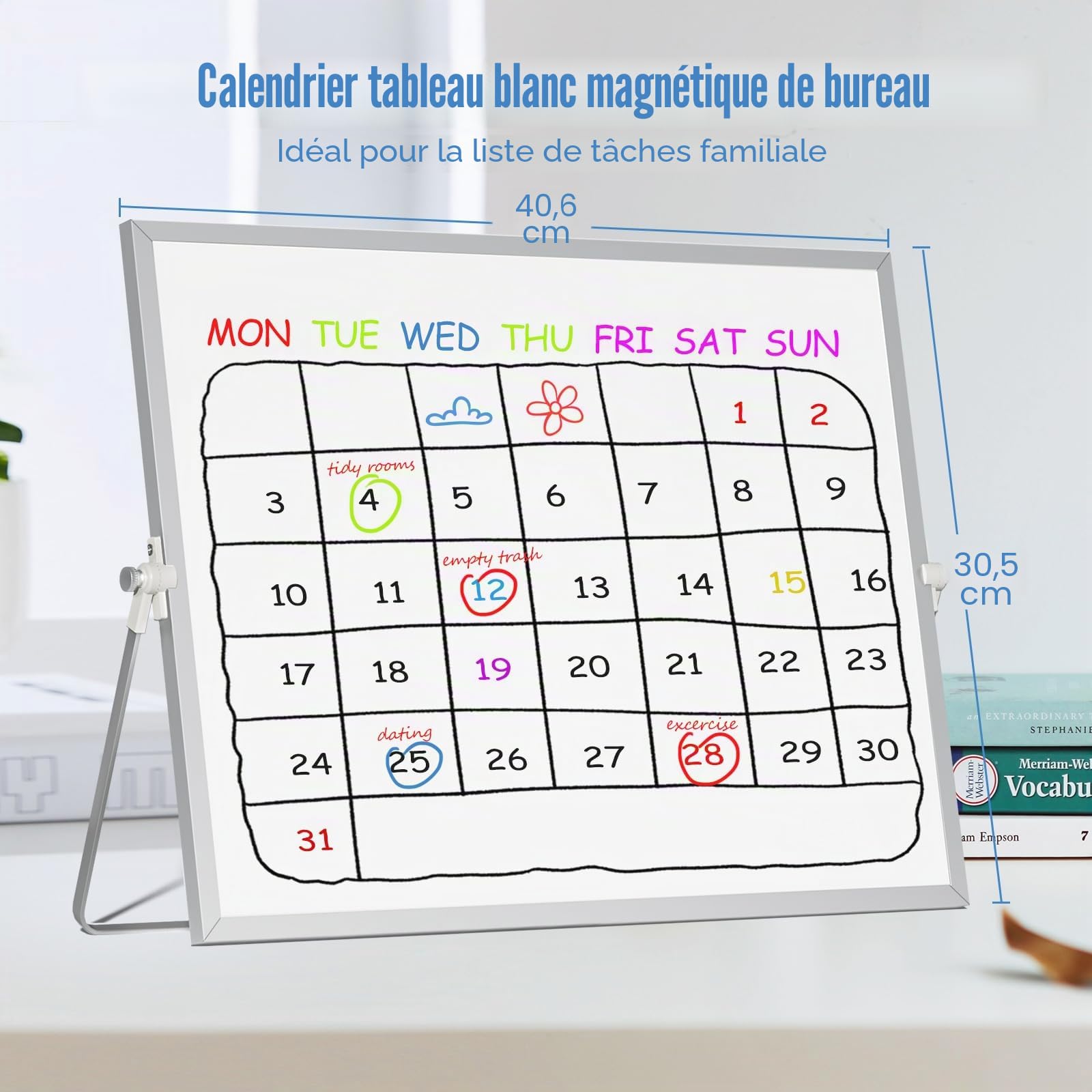 Tableau blanc magnétique effaçable à sec pour bureau avec support, 30 x 40 cm, double face à suspendre, chevalet de table portable pour la planification, les présentations et l'enseignement.