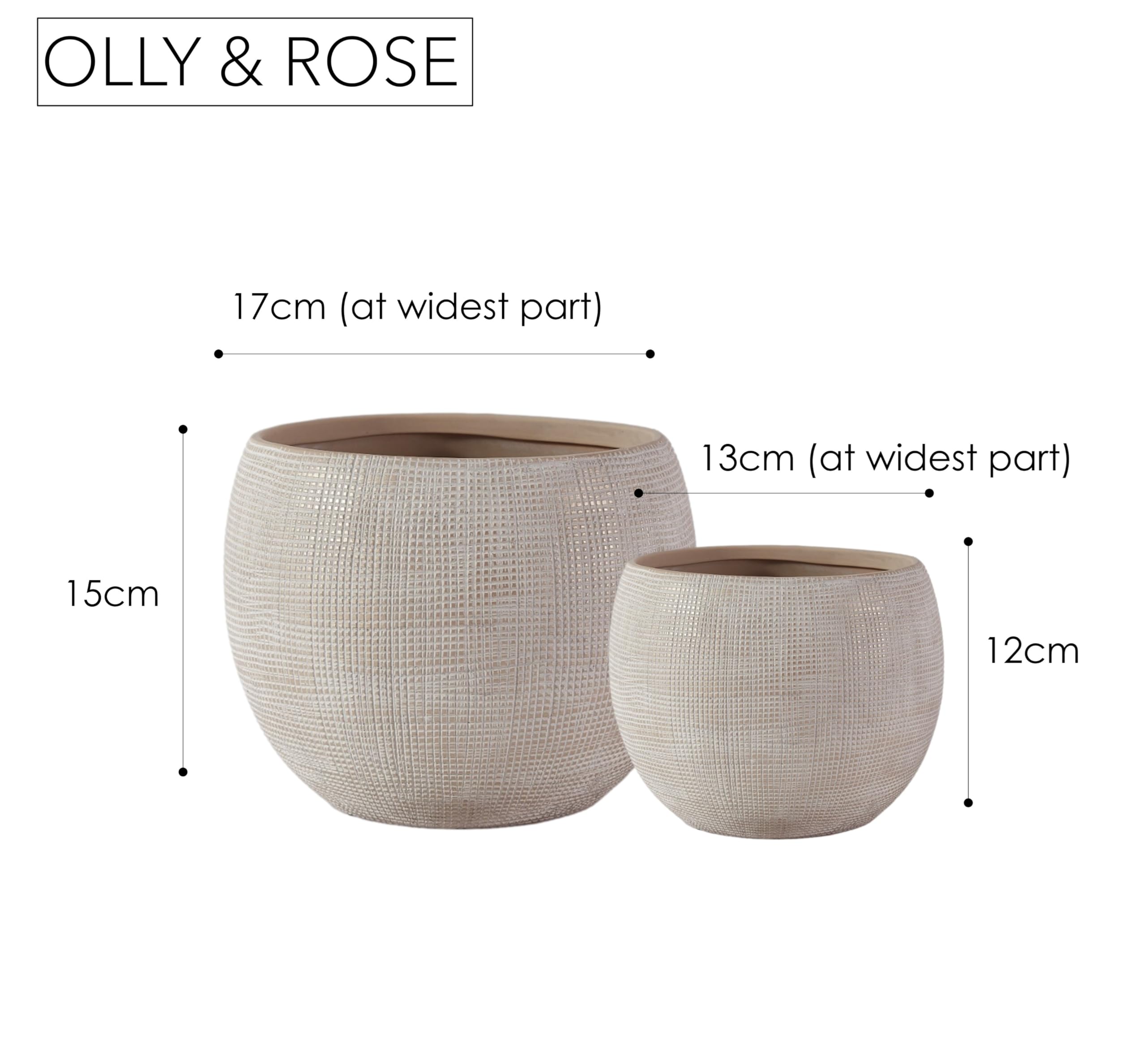 Olly & Rose Barcelona Keramik-Blumentöpfe, Beige, 2 Stück, 17 cm und 13 cm Durchmesser, mittelgroße Blumentöpfe für drinnen und draußen, beige Pflanzgefäße – Blumentöpfe