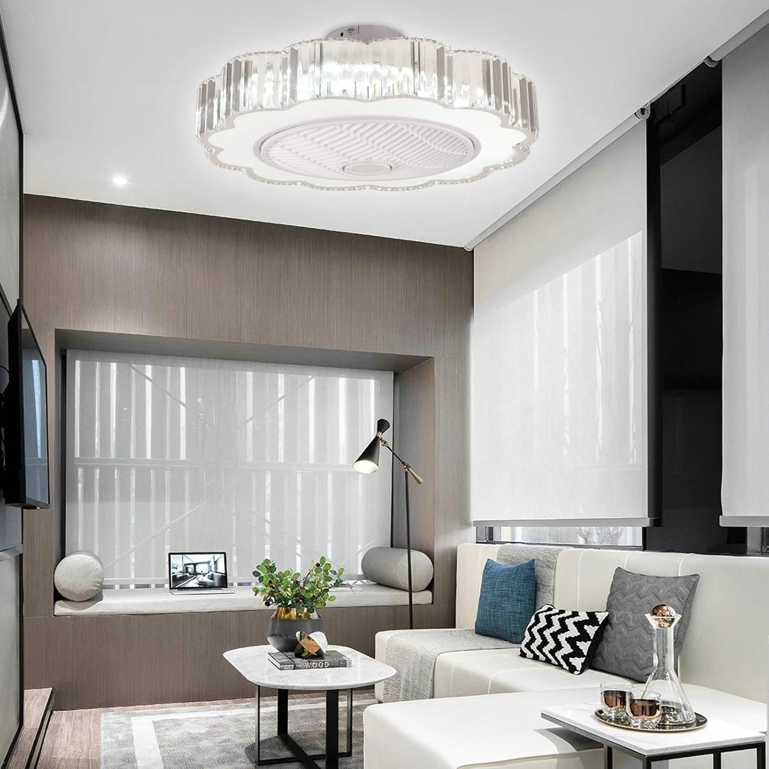 LOYALHEARTDY Crystal Chandelier Fan, 23-in Modern LED Ceiling Fan Light with Remote Control, 3 Color Changeable & 3 Speed & Convenient Timing, Safe Enclosed Silent Home Decoration Fans