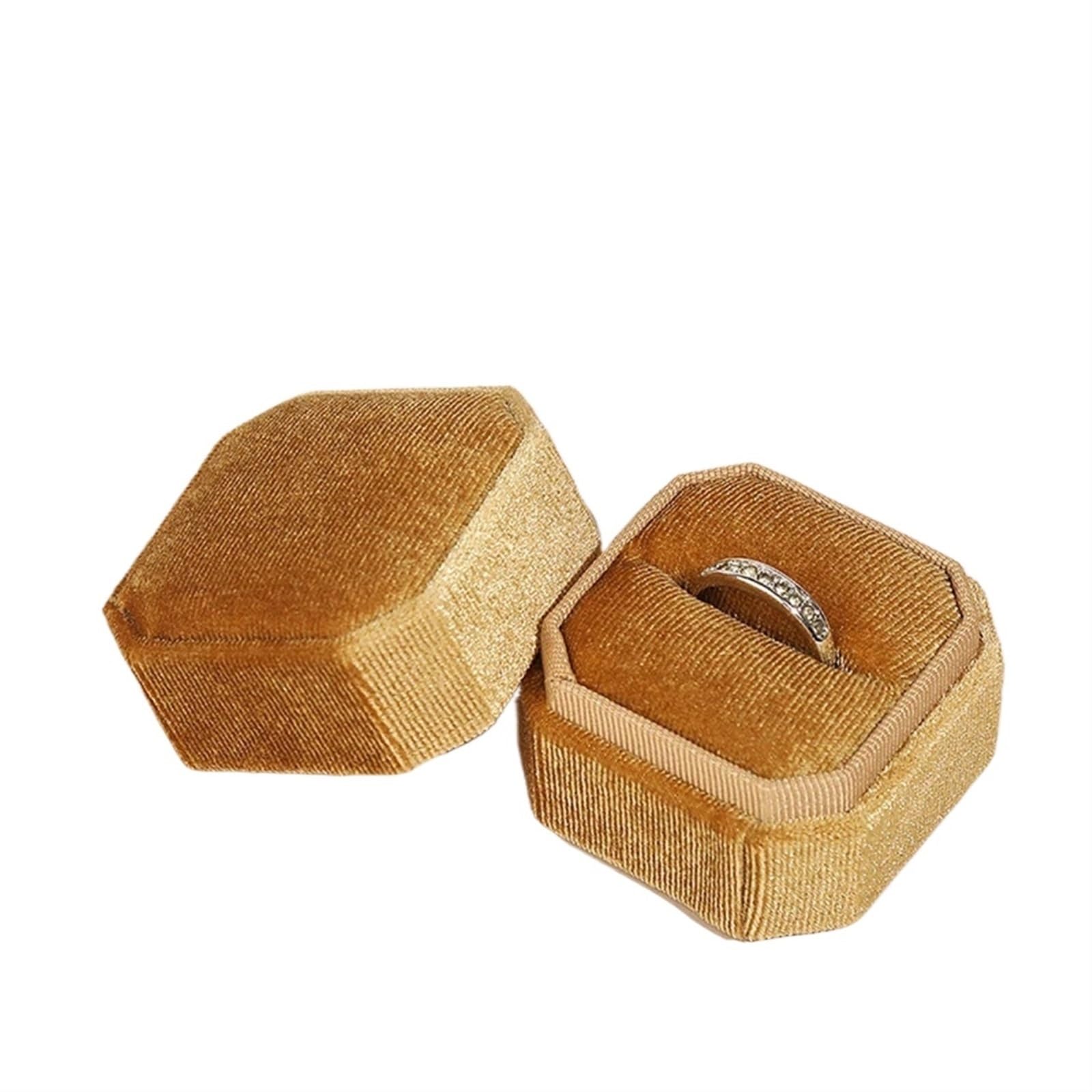 Ring Box Vintage Octagon Square Velvet Single And Double Ring Box With Detachable Lid Earrings Proposal Engagement Wedding Ceremony Gifts(Gold Single Ring)