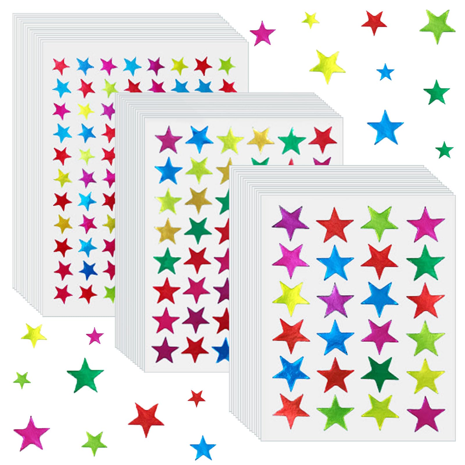 MUNSKT 2400 Pcs 3 Size Shiny Colorful Star Reward Stickers, 45 Sheets (15/Size)