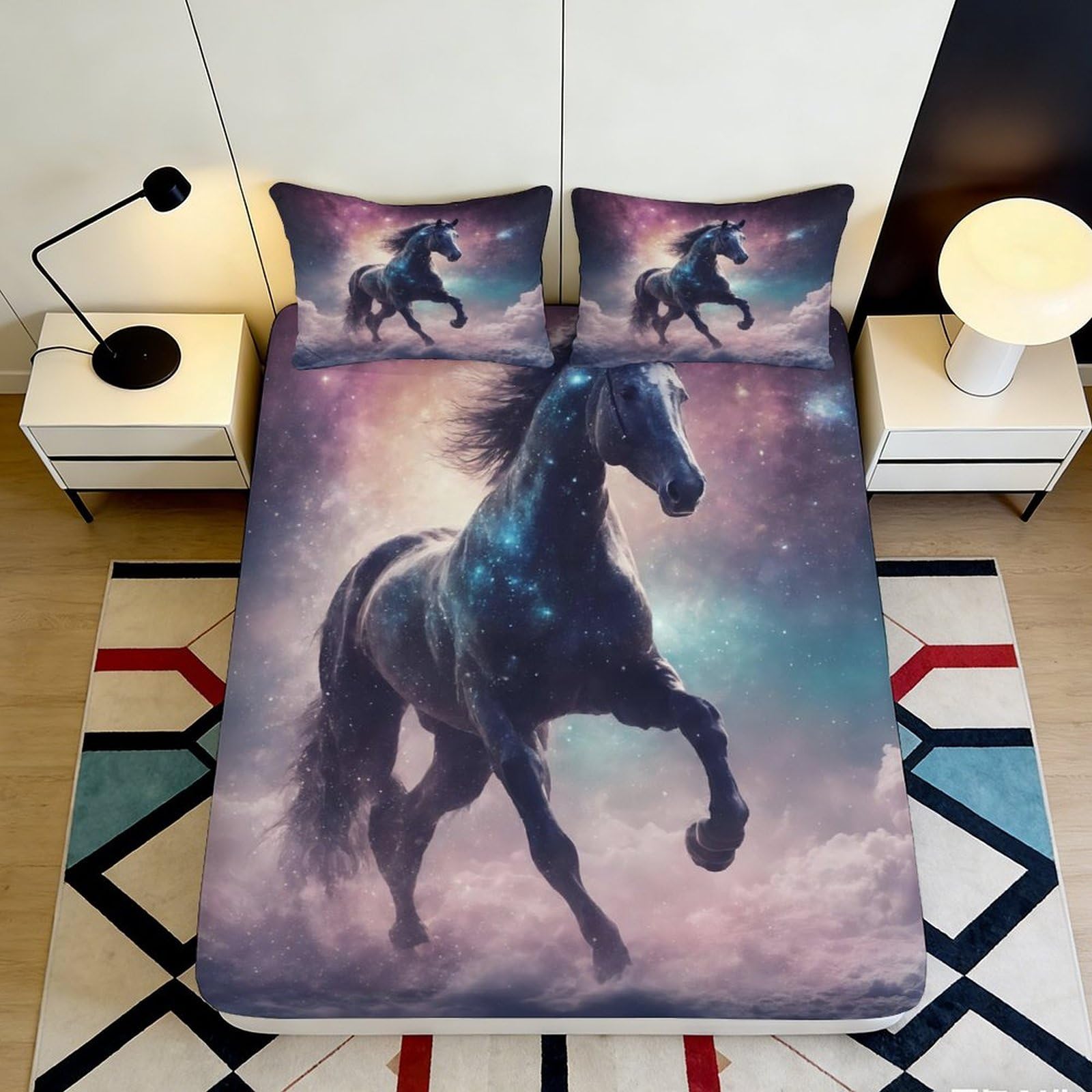 3D Printed Galaxy Horse Fitted Sheet Microfiber Soft Bed Cover Cosmic Nebula Bedroom Decor Machine Washable 90x200x25cm