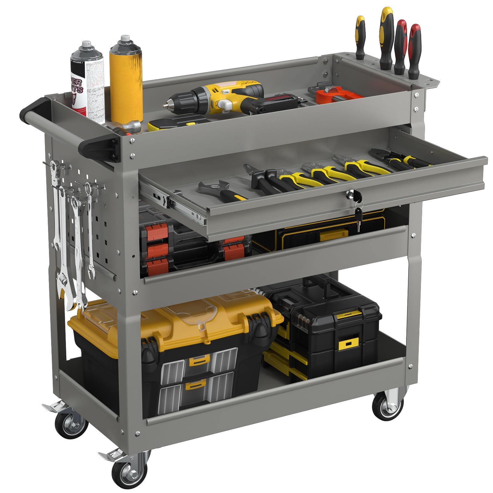 3 Tier Heavy Duty Rolling Tool Cart with Drawers, Large Storage Utility Cart on Wheels for Garage, Warehouse, Repair Shop (Gray)