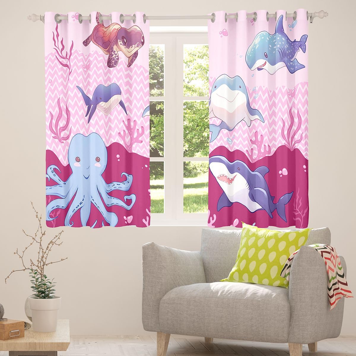 Homemissing Tende oscuranti con motivo di squalo, per camera da letto, soggiorno, oceano, animali marini, tartarughe marine, 2 pannelli, 132 cm di larghezza x 160 cm