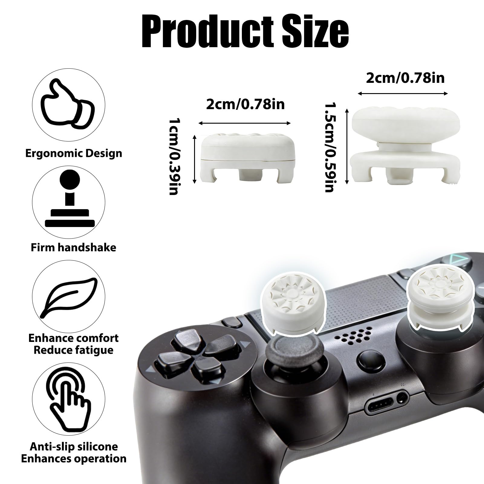 FPS White Thumb Grips for PS4 PS5 Controller, Performance Silicone Thumbsticks High-Rise & Mid-Rise for Playstation 4 Playstation 5 Joystick Grips Thumb Stick Caps to Improve Accuracy Comfort 2Pcs — view 5