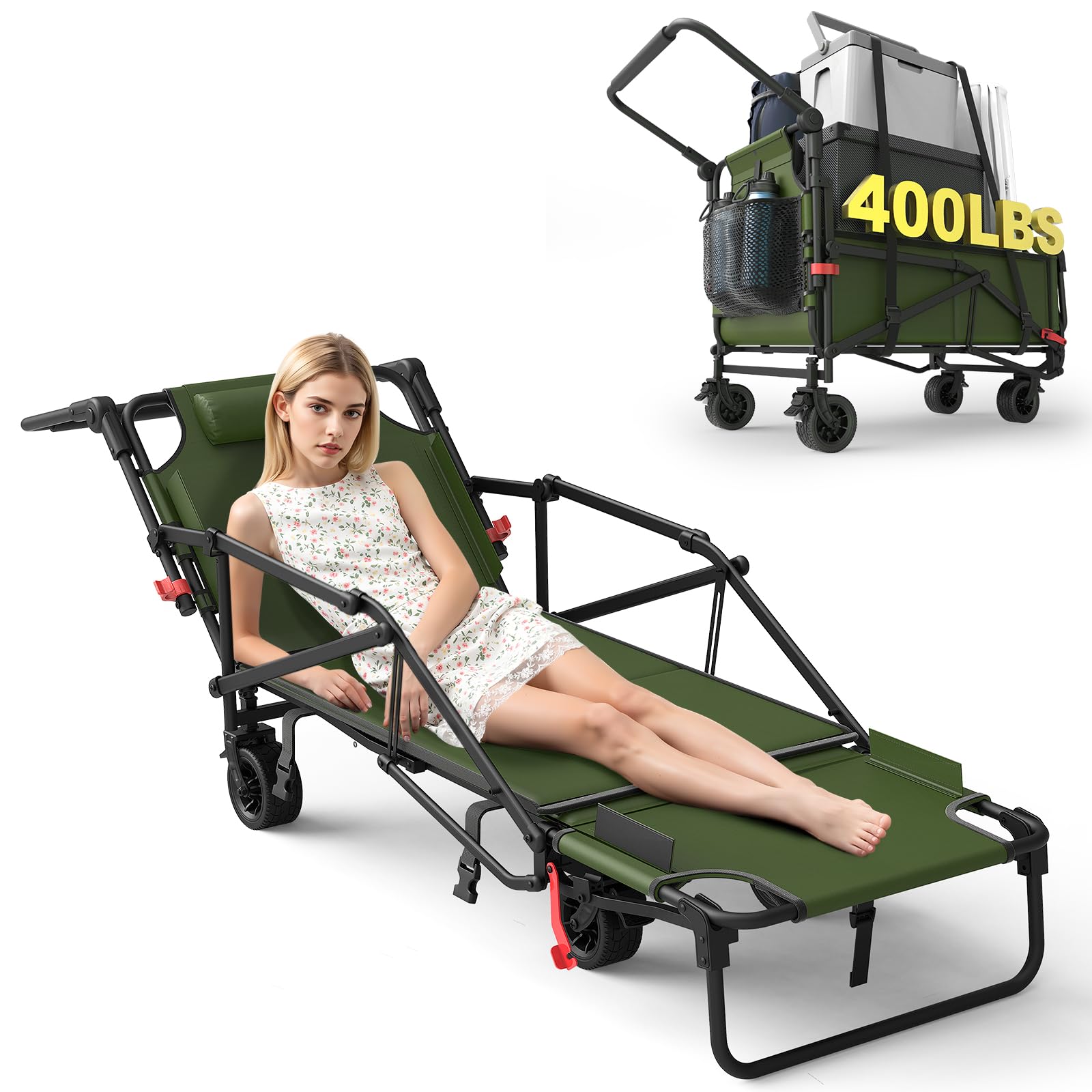 LEVELEVE Heavy Duty Folding Wagon - 2-in-1 Collapsible Cart, 400lb Capacity, All-Terrain Wheels w/Brakes & Side Pockets