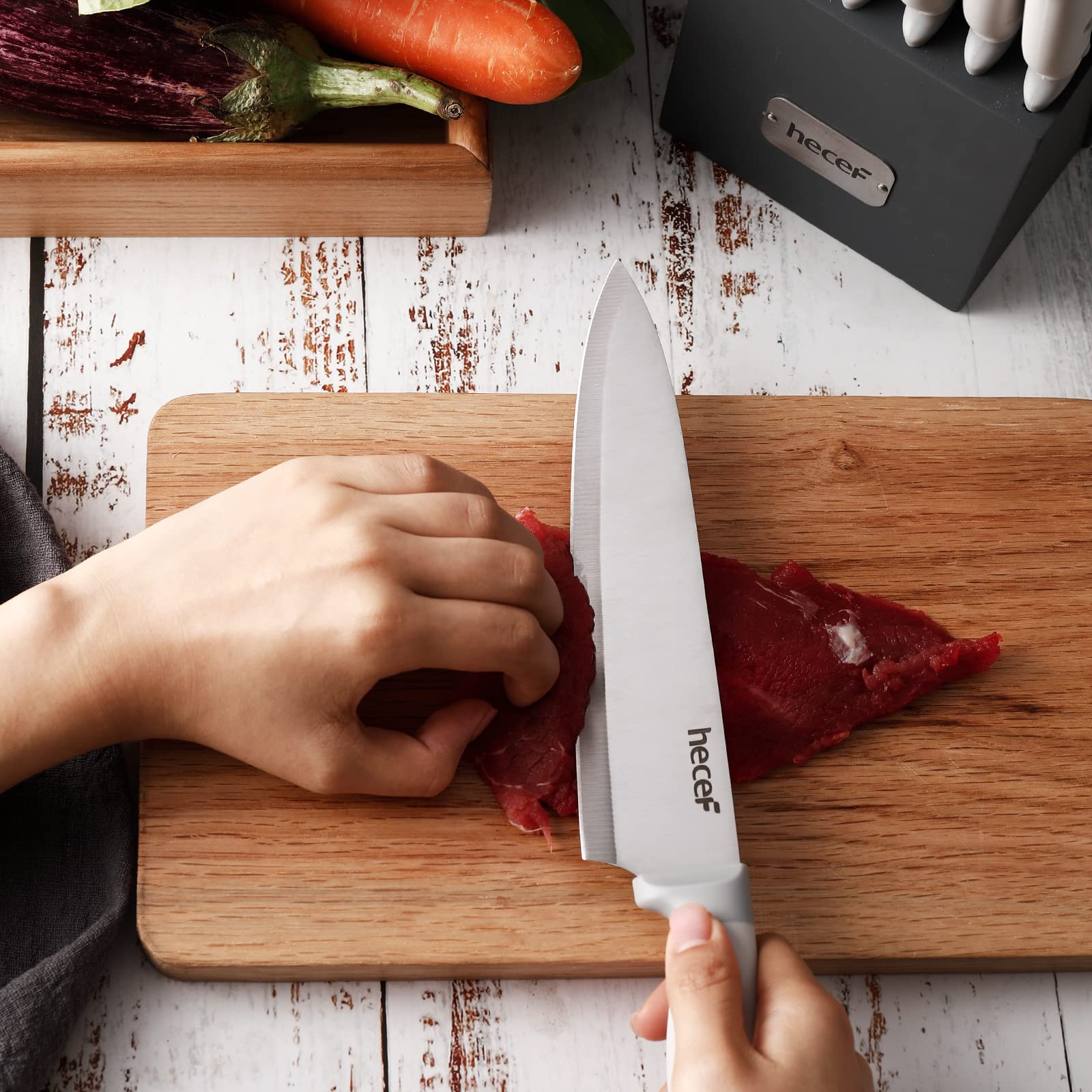 hecef Cuchillos Cocina Profesional 14 pzas | Juego de cuchillos de cocina y soporte | Acero Inoxidable Set Cuchillos Cocina con Afilador, Bloque de cuchillos, Bloque de madera (Gris)