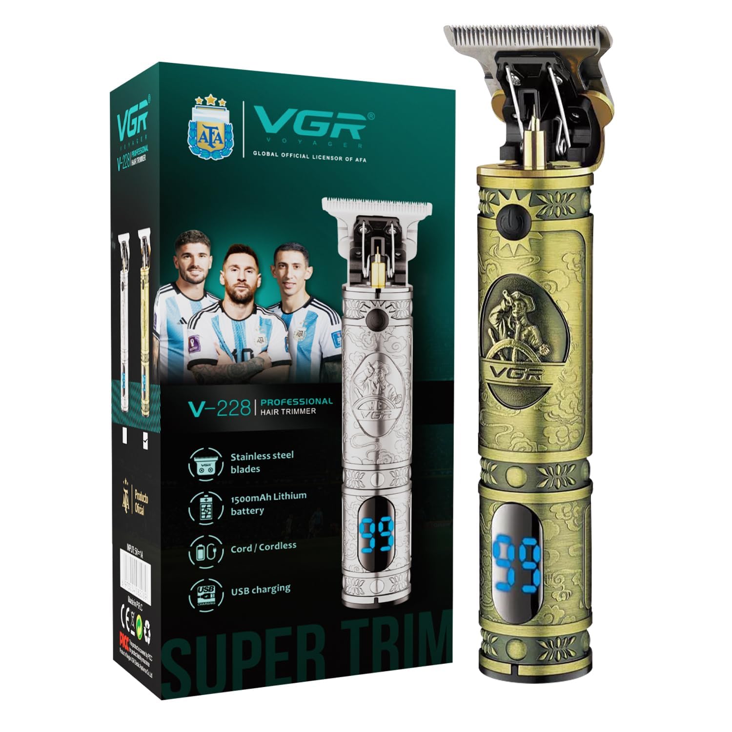 VGR V-228 Professional Hair Trimmer for Men, Precision T-Blade, LED Display, 180 Min Runtime, Corded & Cordless, USB Rechargeable, Metal Body Gold with 3 Guide Combs - Gold