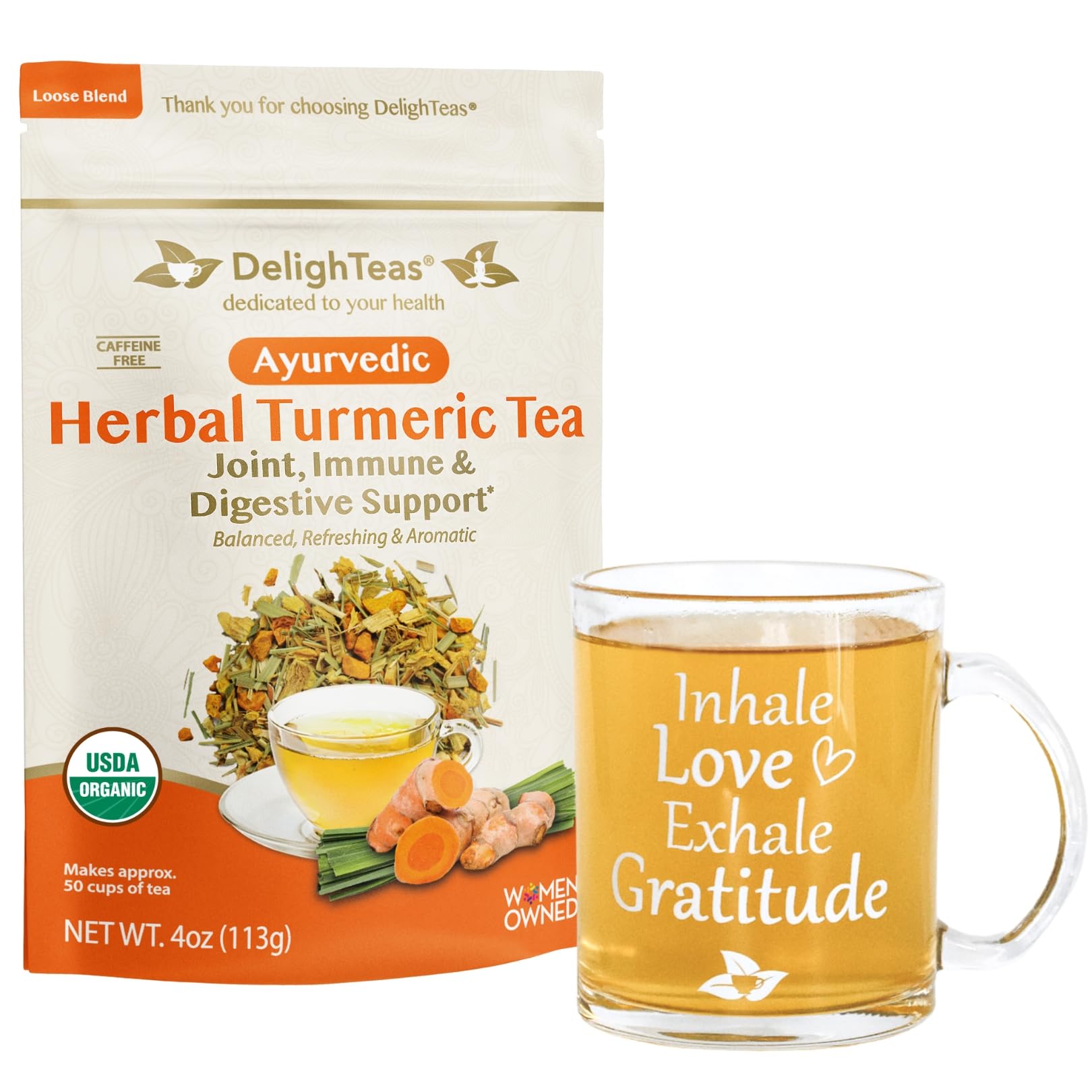 DelighTeas Organic Turmeric Ginger Tea with Inspirational Tea Mug | Ayurvedic Loose Leaf Herbal Turmeric Tea for Joint, Immune & Digestive Support