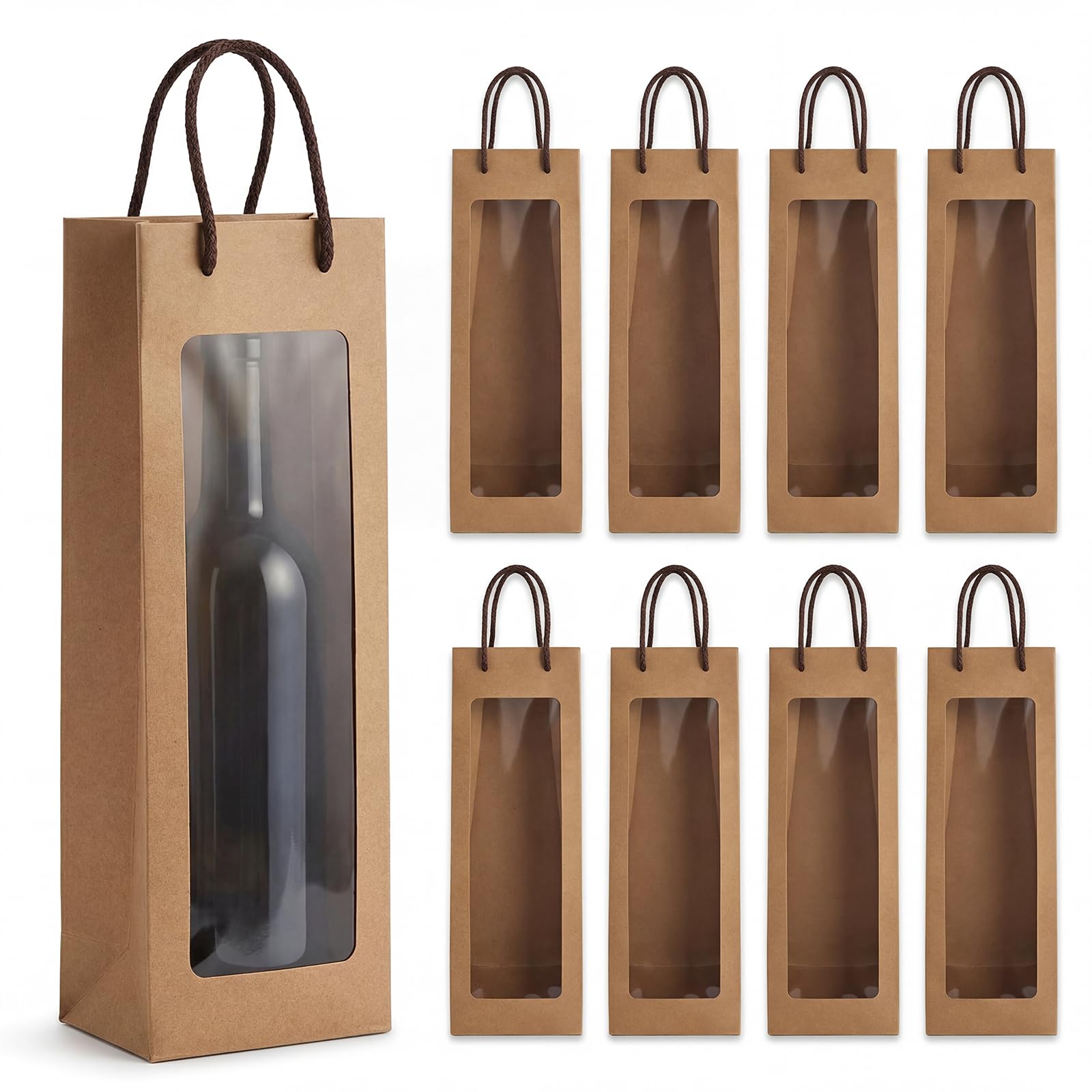 8PCS Wine Bottle Gift Bags Kraft Paper Bags with Handle Reusable with Clear Window for Birthday, Anniversary, Shopping, Christmas Party (3.7 x 3.5 x 14 inches) - 1