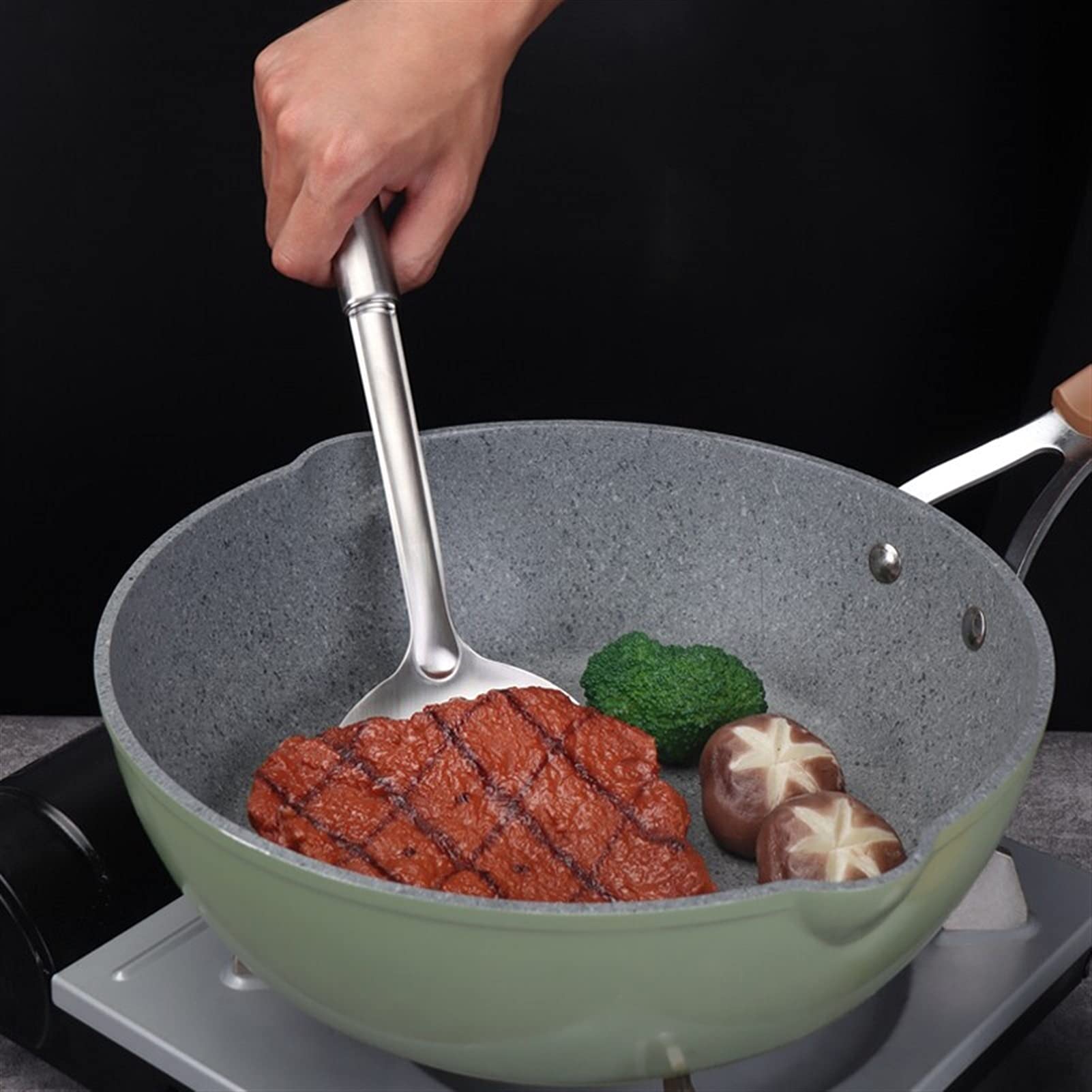 Łopatka ze stali nierdzewnej przybory kuchenne - długi uchwyt wok ze stali nierdzewnej niepowlekana łopatka do woka - najlepsze gadżety kuchenne narzędzie kuchenne prezent szpatułka do