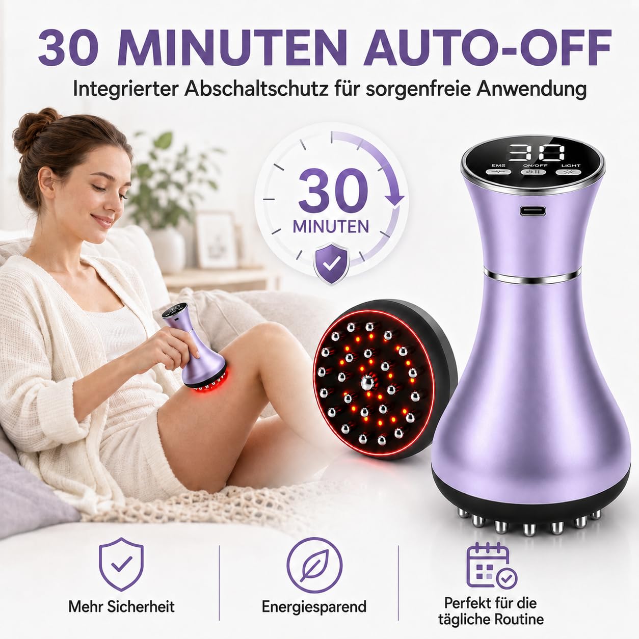 4-in-1 Lymphatic Massagegerät & Anti Cellulite Massagegerät Elektrisch mit 30 EMS-Stufen, Rotlicht, Wärme & Vibration, Handgehaltenes Cellulite Gerät für Bauch, Taille, Rücken, Arme & Beine