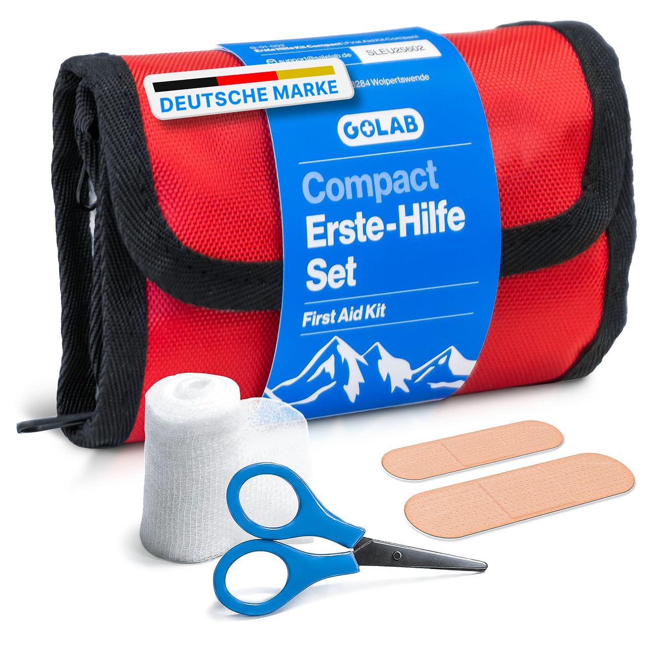GoLab Erste Hilfe Set Mini mit 46 Teilen - Kompaktes Notfall Set für Zuhause, Outdoor, Reisen, Camping & Sport – 1. Hilfe Guide nach DGUV, organisiert in 3 Fächern 195g, DIN-konforme Reiseapotheke