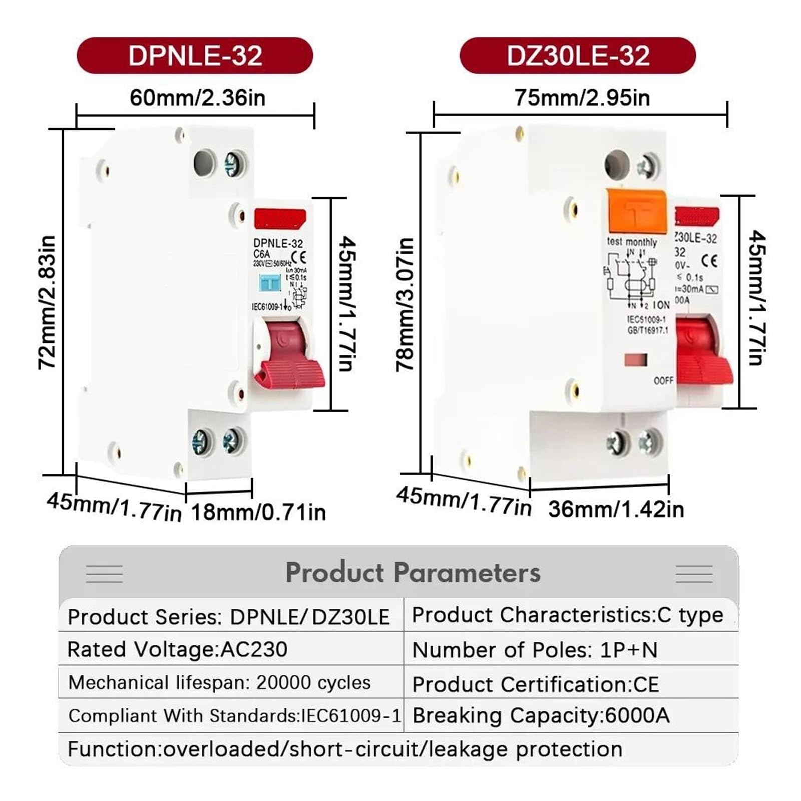 Interruttore differenziale 18MM 36MM 1P+N AC 230V 6/10/16/25/32A con protezione da sovracorrente e cortocircuito RCBO MCB(DPNLE 18MM,32A)