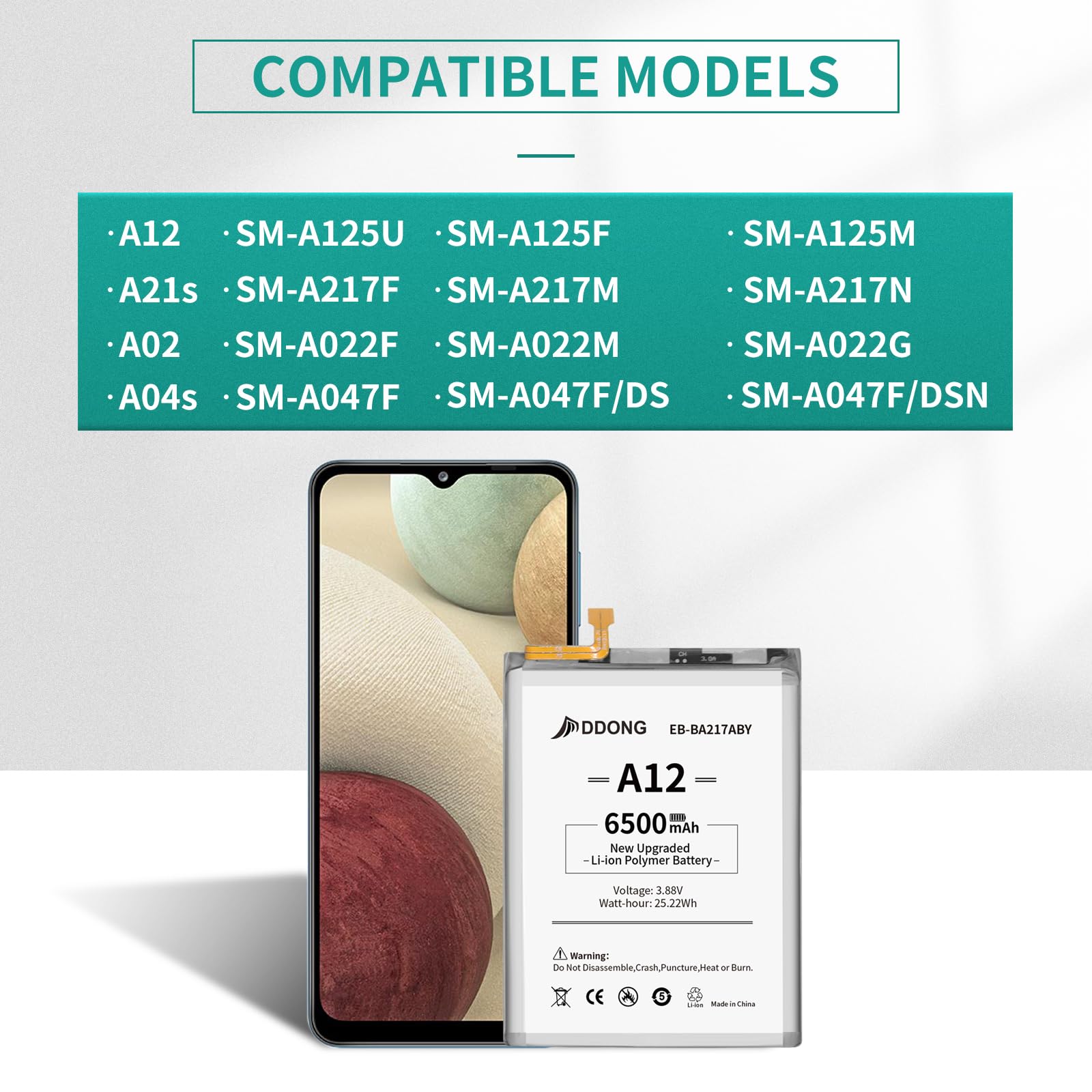 DDONG for Samsung Galaxy A12 Battery Replacement EB-BA217ABY SM-A125U SM-A125F SM-A125M with Repair Tool Kits Upgraded 6500mAh