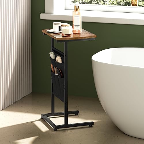 Miniatura 6 de HOOBRO Juego de 2 mesas auxiliares en forma de C, mesa auxiliar pequeña para sofá con bolsa de almacenamiento, deslizante debajo del sofá, mesa C