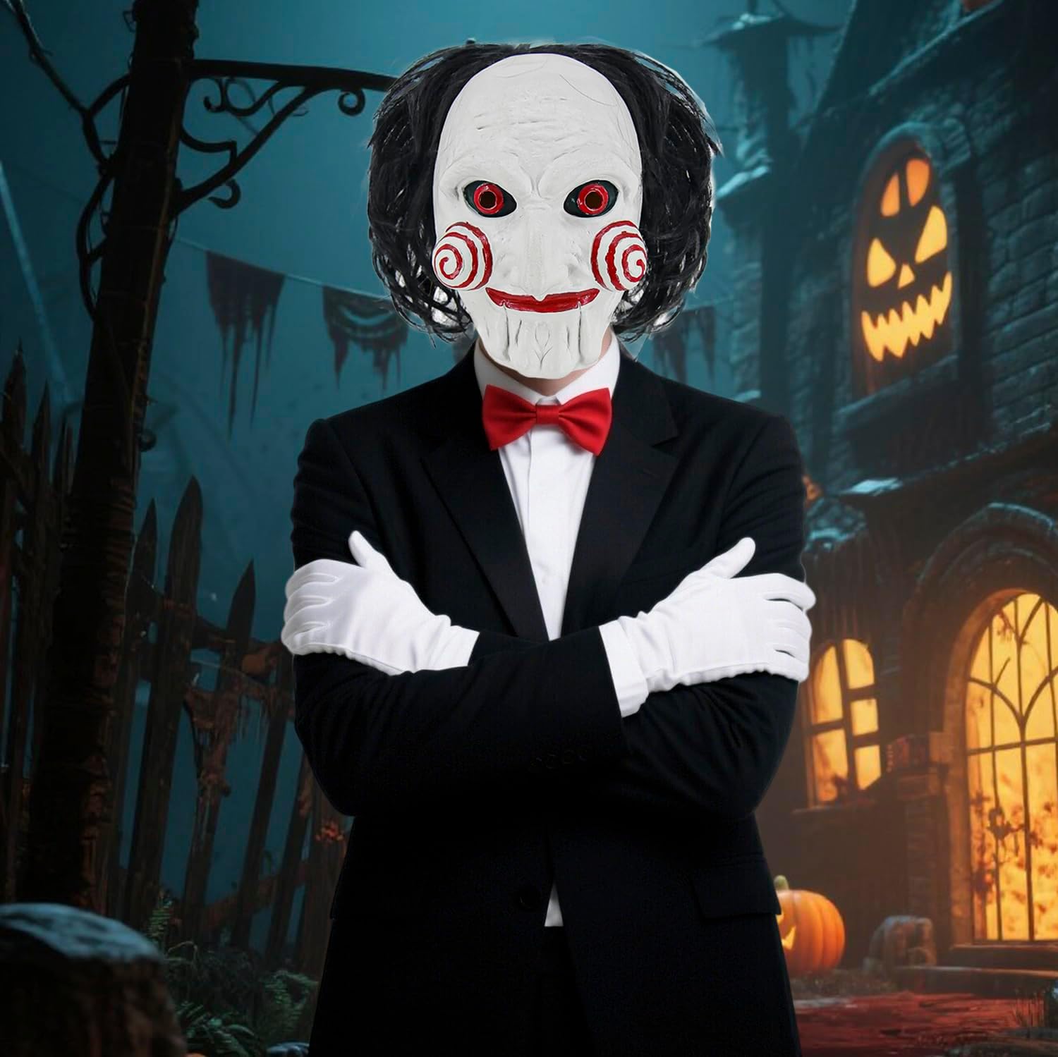 Saw Billy Puppet Costume Mask Adult Horror Movie Cosplay Full Head Latex Mask with Hair Halloween Costumes Scary Clown Puppet Masquerade with Red Bow Tie and Gloves EN046