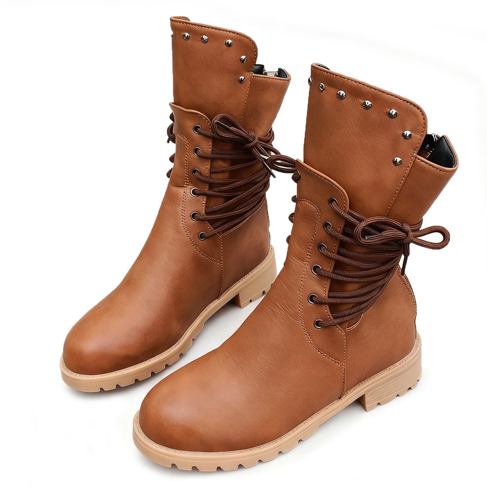 Womens Leather Side Lace Up Low Chunky Heel Ankle Boots Comfortable Round Toe Back Zipper Anti-slip Combat Boots
