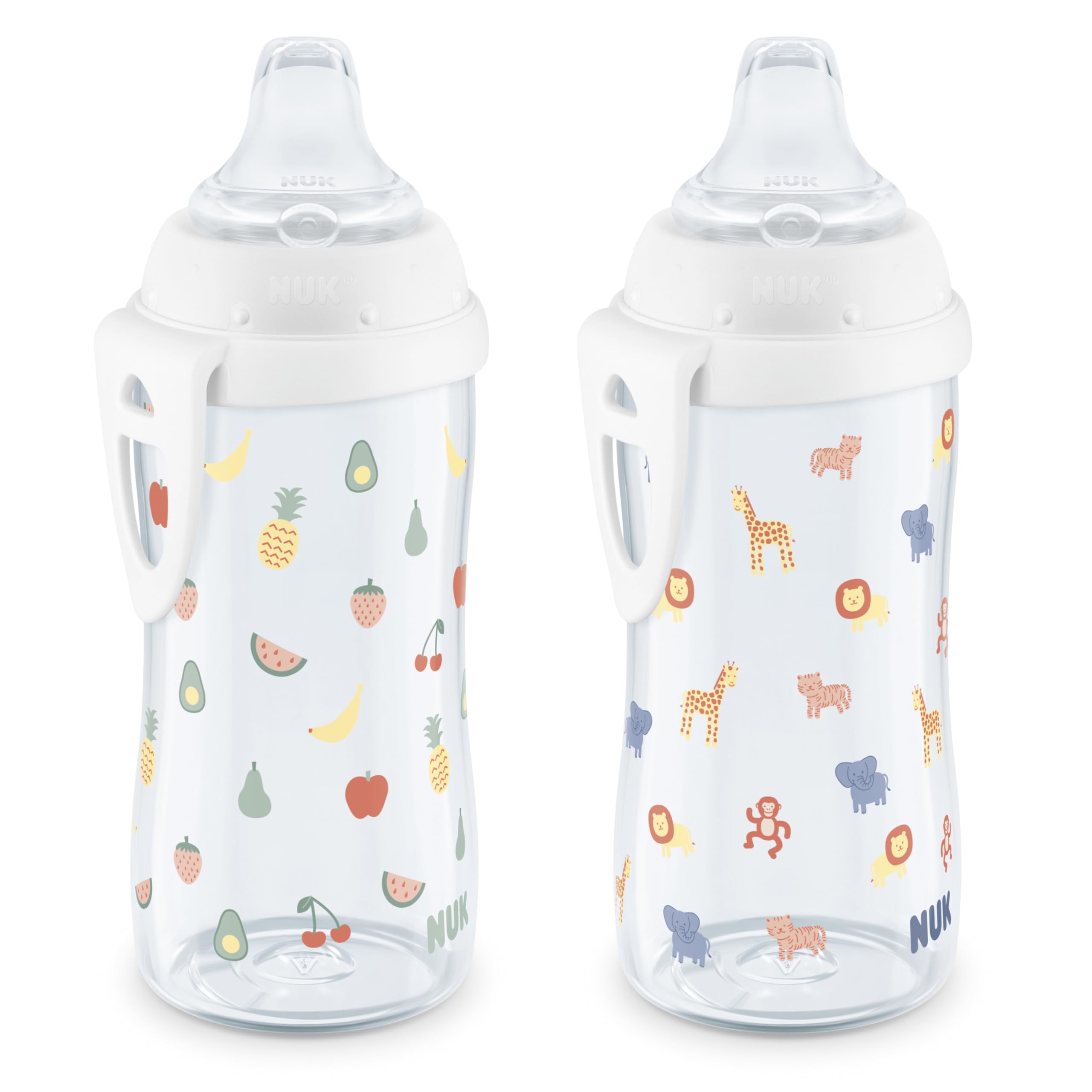 NUK Active Cup, Fun Fruits and Animals, Amazon Exclusive Collection, 10 Oz, Pack of 2 – BPA Free, Spill Proof Transition Sippy Cup