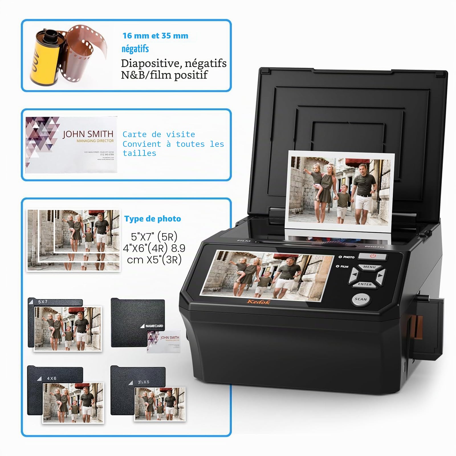 Scanner multi-photos, diapositives et négatifs, scanner photo à numériser avec grand écran LCD de 5 pouces, convertir 35 mm, 110 films/photo/carte de visite en 22 MP Digital JPEG, contient une carte