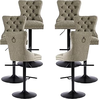 Olive PU Leather Swivel Bar Stools Set of 6 with Upholstered Back, Adjus...