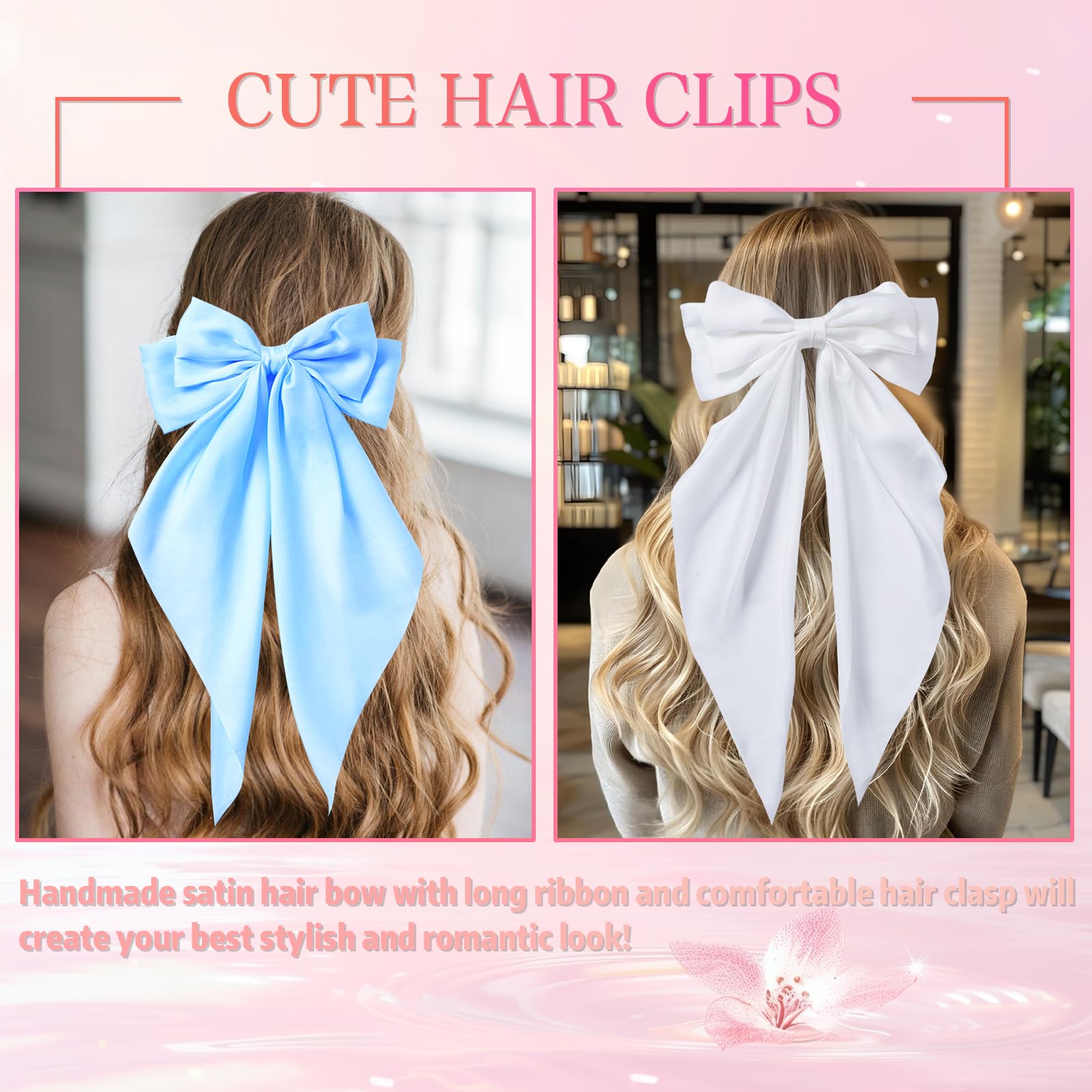 COLANANA 2 Pcs Big Hair Bow,White Blue Big Bows for Girls,Bowknot Hairpin French Hair Clips With Long Silky Satin Hair Barrettes Accessories Bow Hair Clips for Women Girl - Image 3