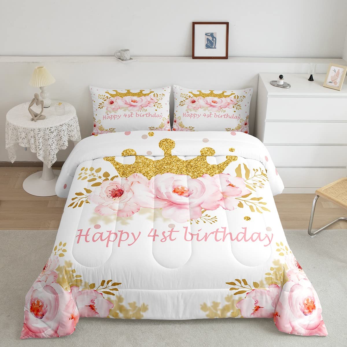 Juego de ropa de cama de 4 cumpleaños lindo juego de ropa de cama floral rosa para niños y niñas, edredón de fiesta de cumpleaños, juego de edredón floral botánico, 2 piezas de tamaño individual