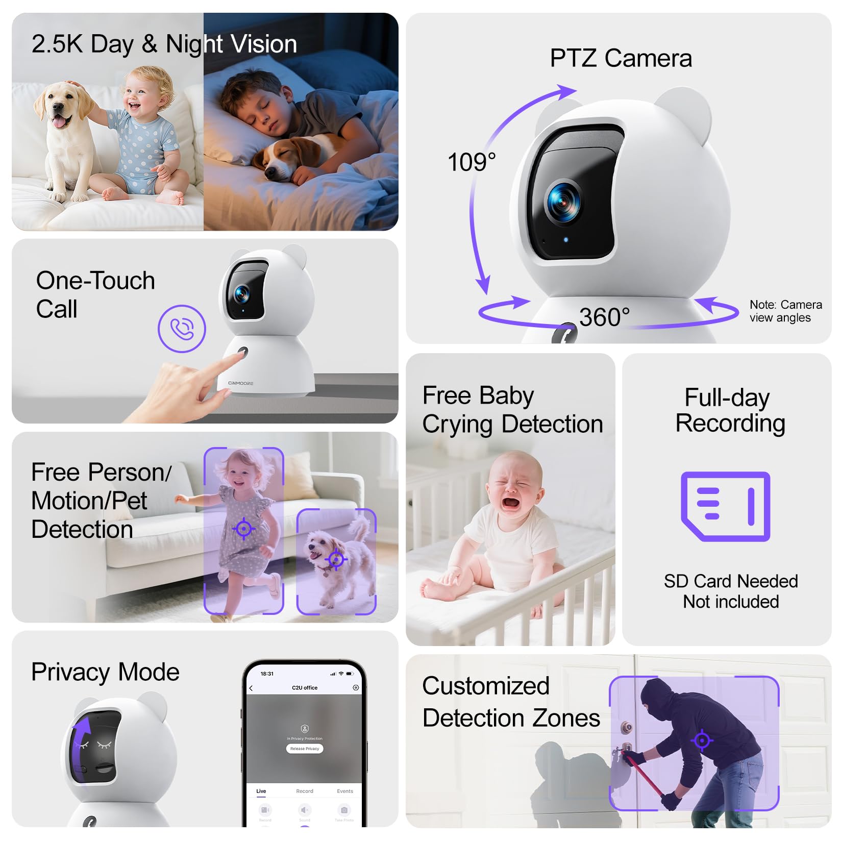 Telecamera di sicurezza 2.5K per interni, rilevazione di persone/animali domestici/piangi AI, telecamera per animali domestici/cani/gatti da 4 MP con app per telefono, telecamere WiFi Pan Tilt 2,4 GHz