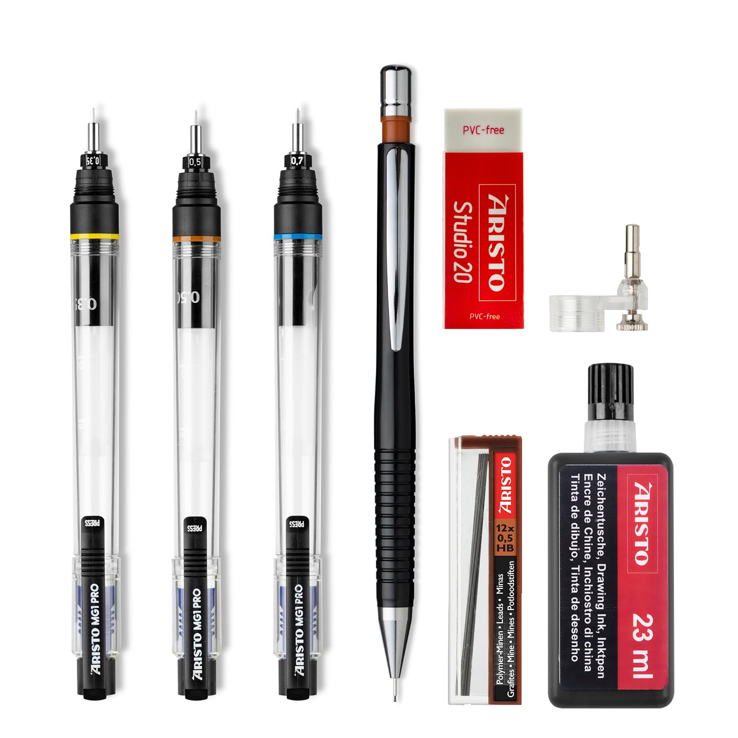 Aristo AR64150 - Estuche con bolígrafos MG1 (0,35, 0,5 y 0,7 mm), portaminas fino, tinta china y 12 minas