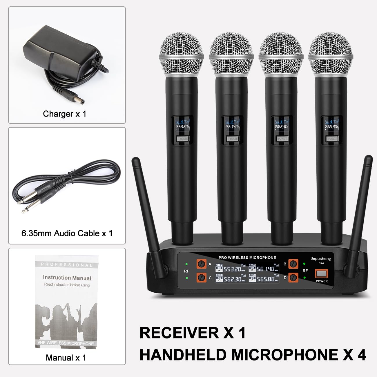 Depusheng Système de microphone sans fil, microphone sans fil à 4 canaux, microphone sans fil à fréquence fixe avec 4 microphones à main dynamiques, portée de 50 m, microphones pour la voix