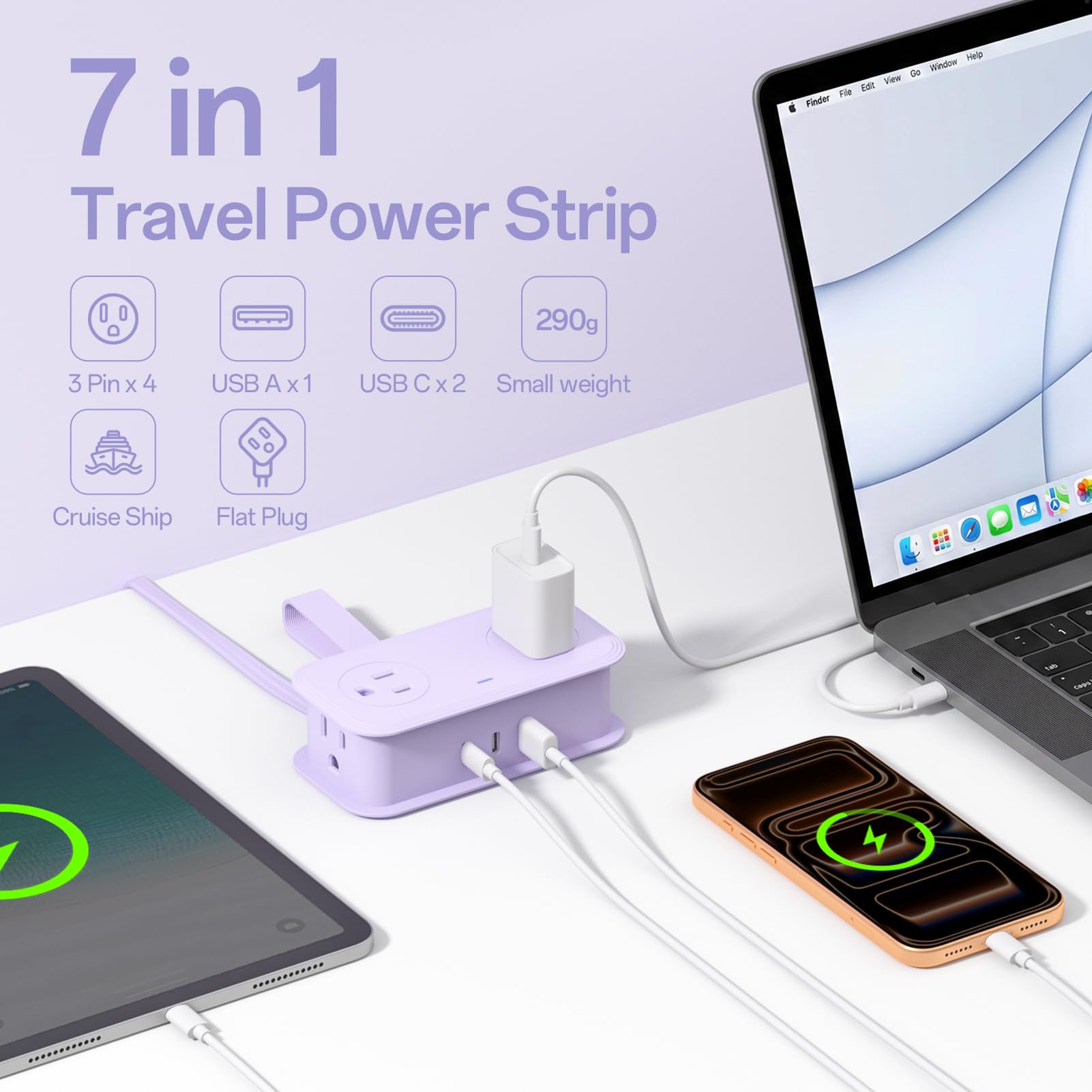 SMALLRT Tragbare Mehrfachkontakt-Steckdosenleiste, 7-in-1, 2 Stück, Flachstecker mit aufgerolltem Kabel, 0,98 m, elektrische Verlängerung mit 3 USB (2 USB C) für Reisen, Hotel, Kreuzfahrt, Violett