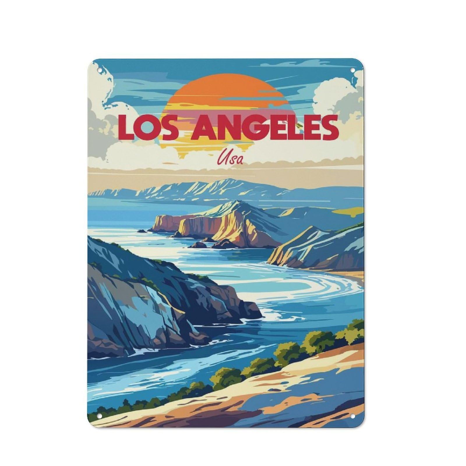 Junmoney Style-6 Garage Style Decorative Metal Plaque 40X30cm Featuring Los Angeles Usa Coastal Landscape Art, Garage Wall Decor For Garage, Workshop, Shed Or Utility Room